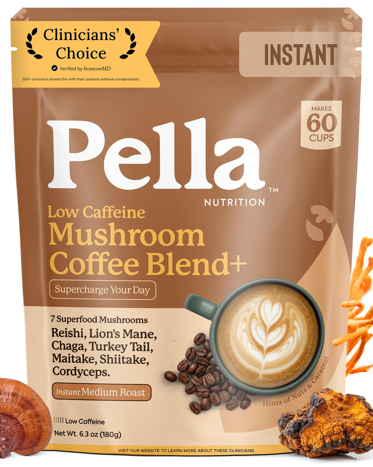 Pella Nutrition Instant Mushroom Coffee Powder - Regular Caffeine, 60 Cups
