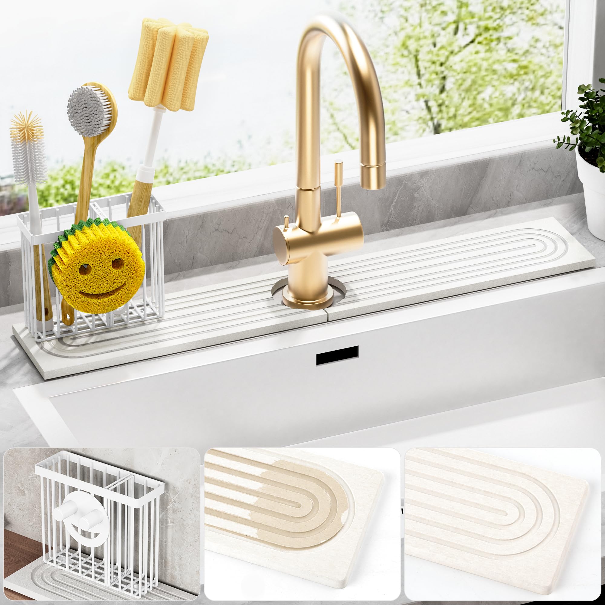 Cisily Tapete de diatomita para grifo de cocina con soporte para escobillas, absorbente para encimera de secado de piedra, área de protección contra salpicaduras de agua, detrás del fregadero de la cocina, organizador de accesorios de decoración