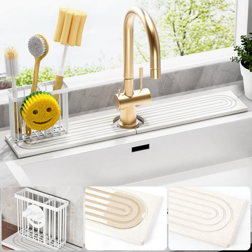 Cisily Tapete de diatomita para grifo de cocina con soporte para escobillas, absorbente para encimera de secado de piedra, área de protección contra salpicaduras de agua, detrás del fregadero de la cocina, organizador de accesorios de decoración