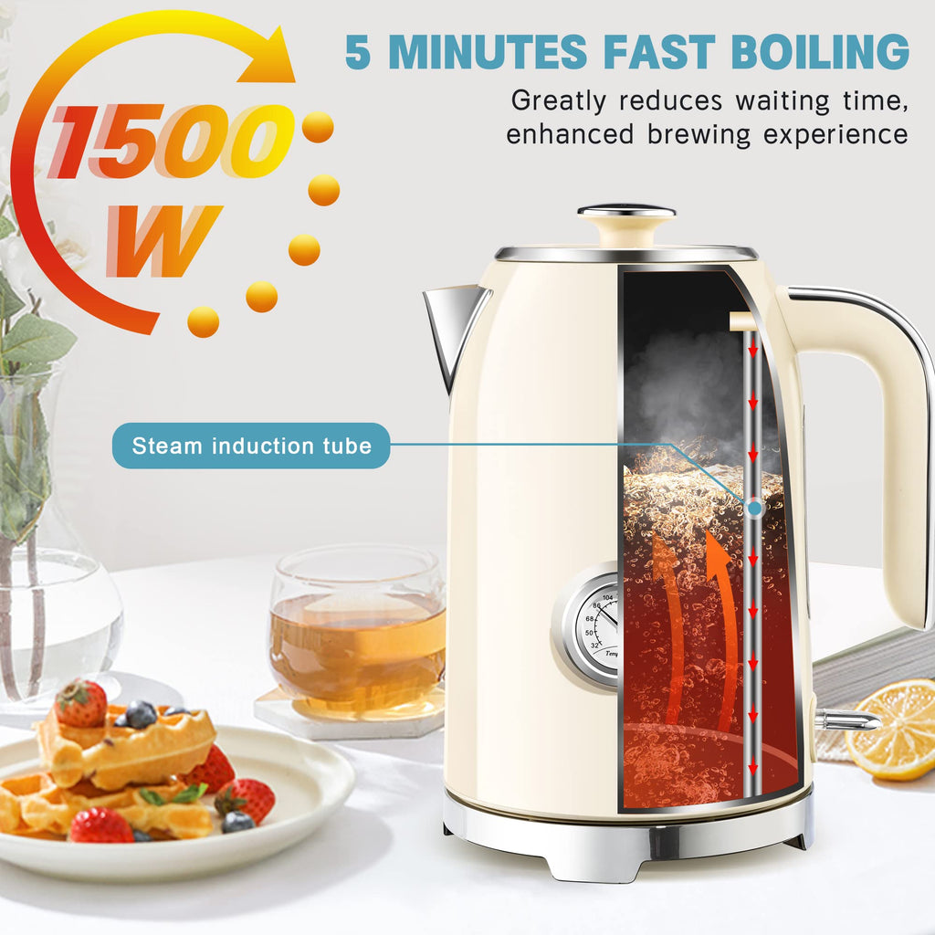 SUSTEAS Electric Kettle - 57oz Hot Tea Water Boiler with Thermometer, 1500W Fast Heating Stainless Steel Pot, Cordless LED Indicator, Auto Shut-Off & Boil Dry Protection, Retro Green