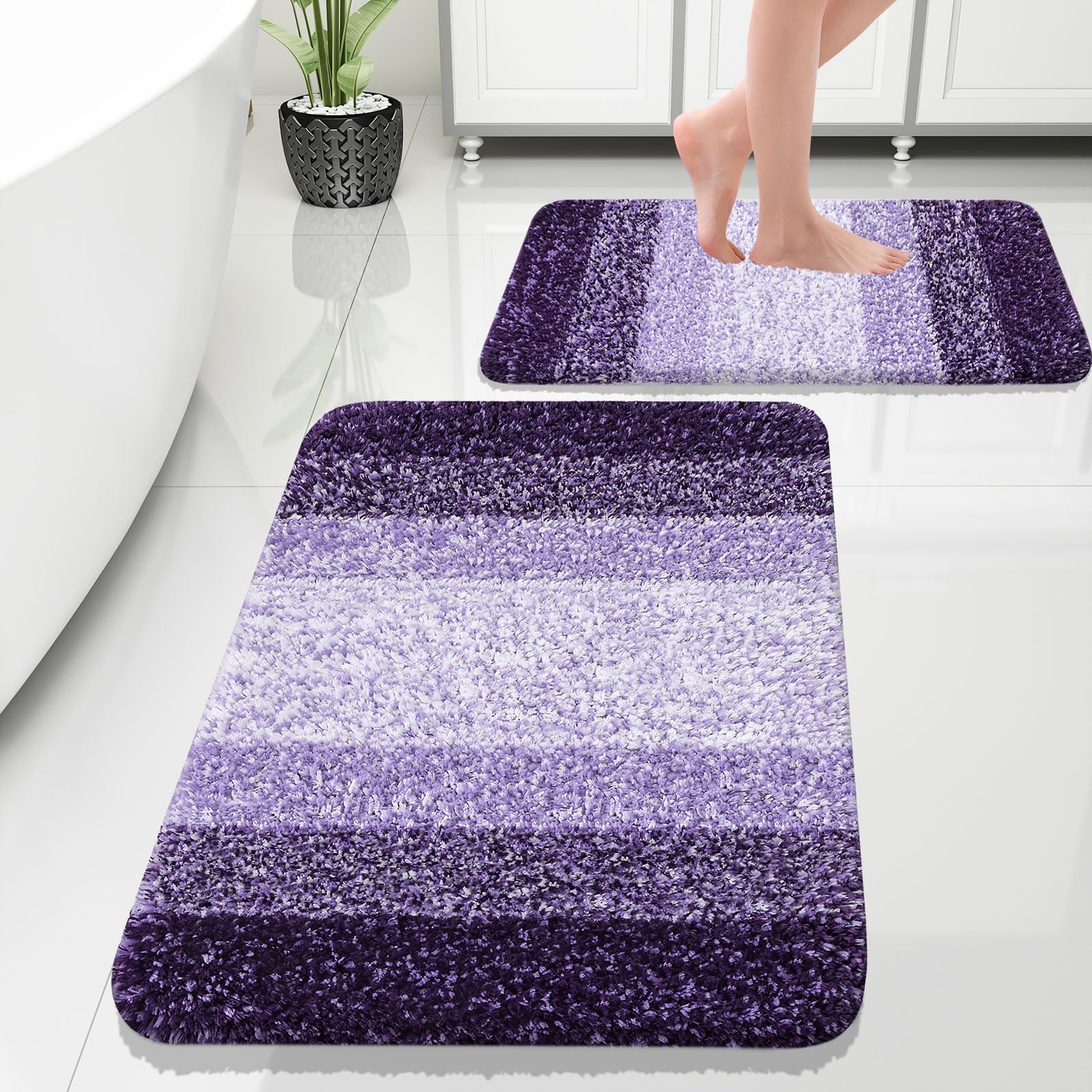 OLANLY Bathroom Rug Set 2 Piece, Soft Absorbent Microfiber Bath Mats and U-Shaped Contour Toilet Rug, Non-Slip, Machine Wash Dry, Plush Shaggy Bath Mats for Bathroom (24"x16"+24"x20", Grey)