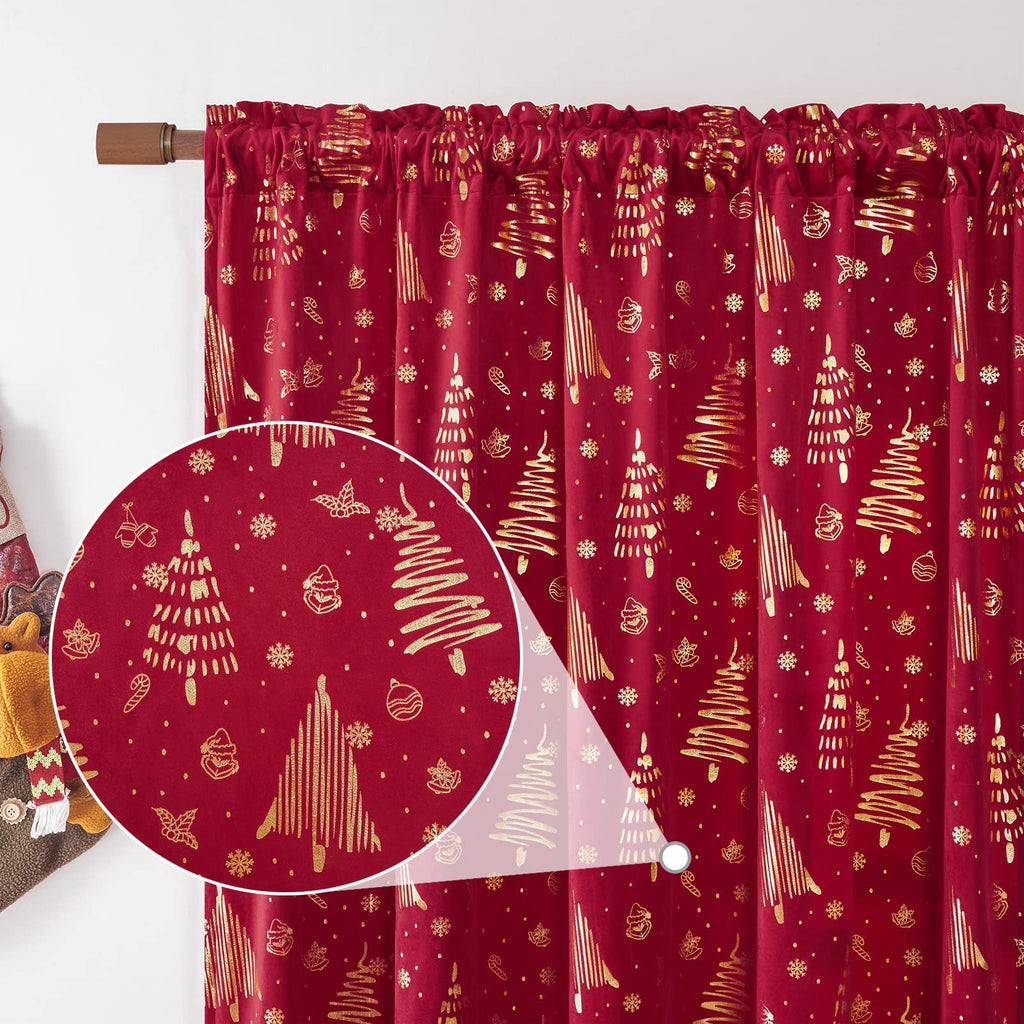 96 inches Long Red christmas curtains velvet for Living Room, Printed with Grinch & Tree Pattern Thermal Insulated Blackout Curtains drapes for winter 96 inch length 2 Panels Set cortinas navideas