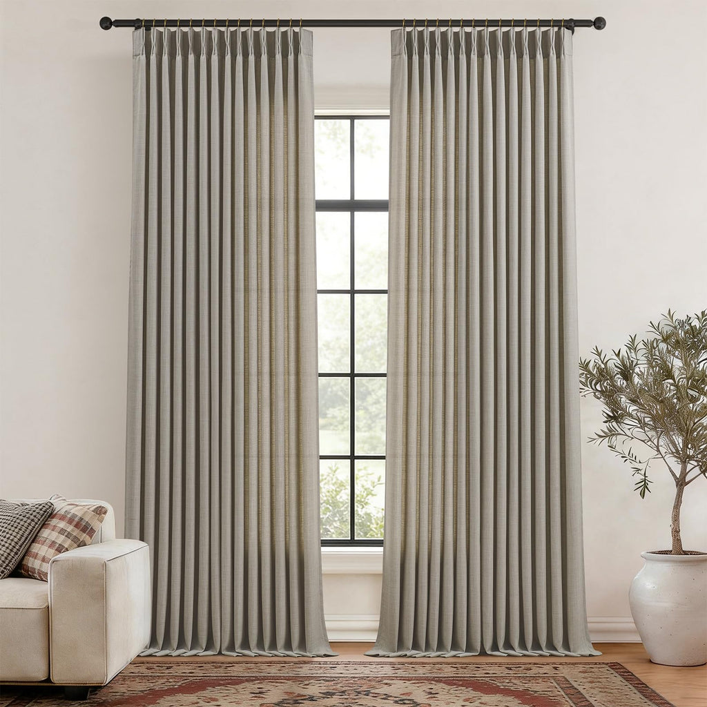 Pinch Pleated Linen Curtains 96 Inches Extra Long Olive Green Drapes, Thick Linen Light Filtering Memory Trained Pleat Curtain for Living Room and Bedroom Privacy 2 Panels Texture with Back Tab