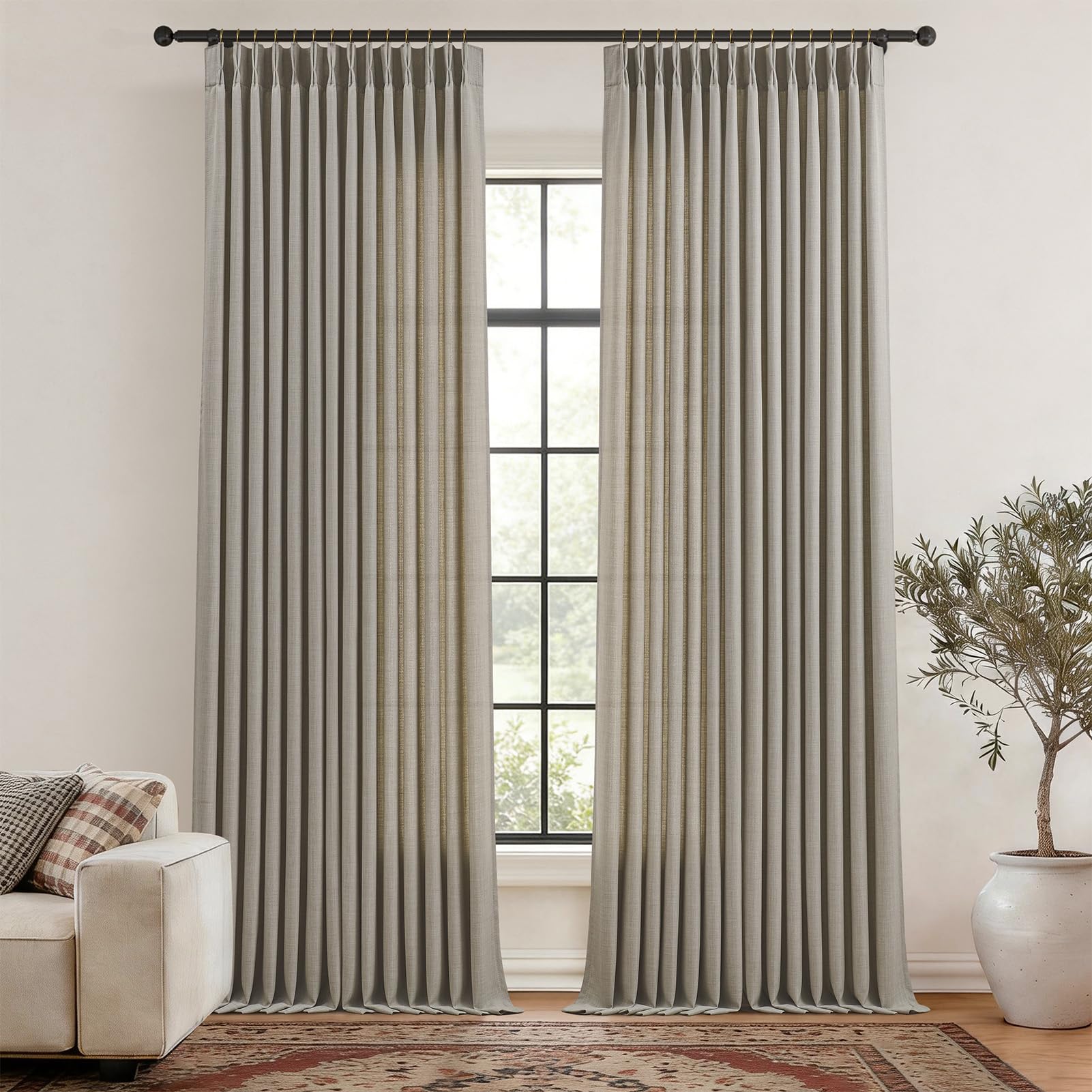 Pinch Pleated Linen Curtains 96 Inches Extra Long Olive Green Drapes, Thick Linen Light Filtering Memory Trained Pleat Curtain for Living Room and Bedroom Privacy 2 Panels Texture with Back Tab