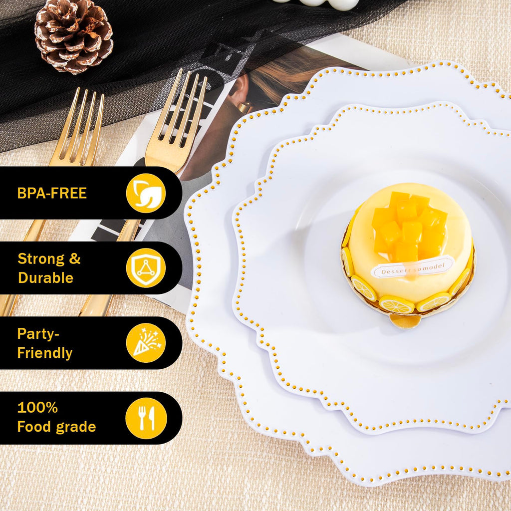 COLOSUS 60PCS White Plastic Plates for 30 guests-Fancy Plastic Beaded Plates,Plastic Plates for Party, Elegant White plates,Include 30 PCS 10.5" Dinner plates & 30PCS 8.25" Dessert plates for easter