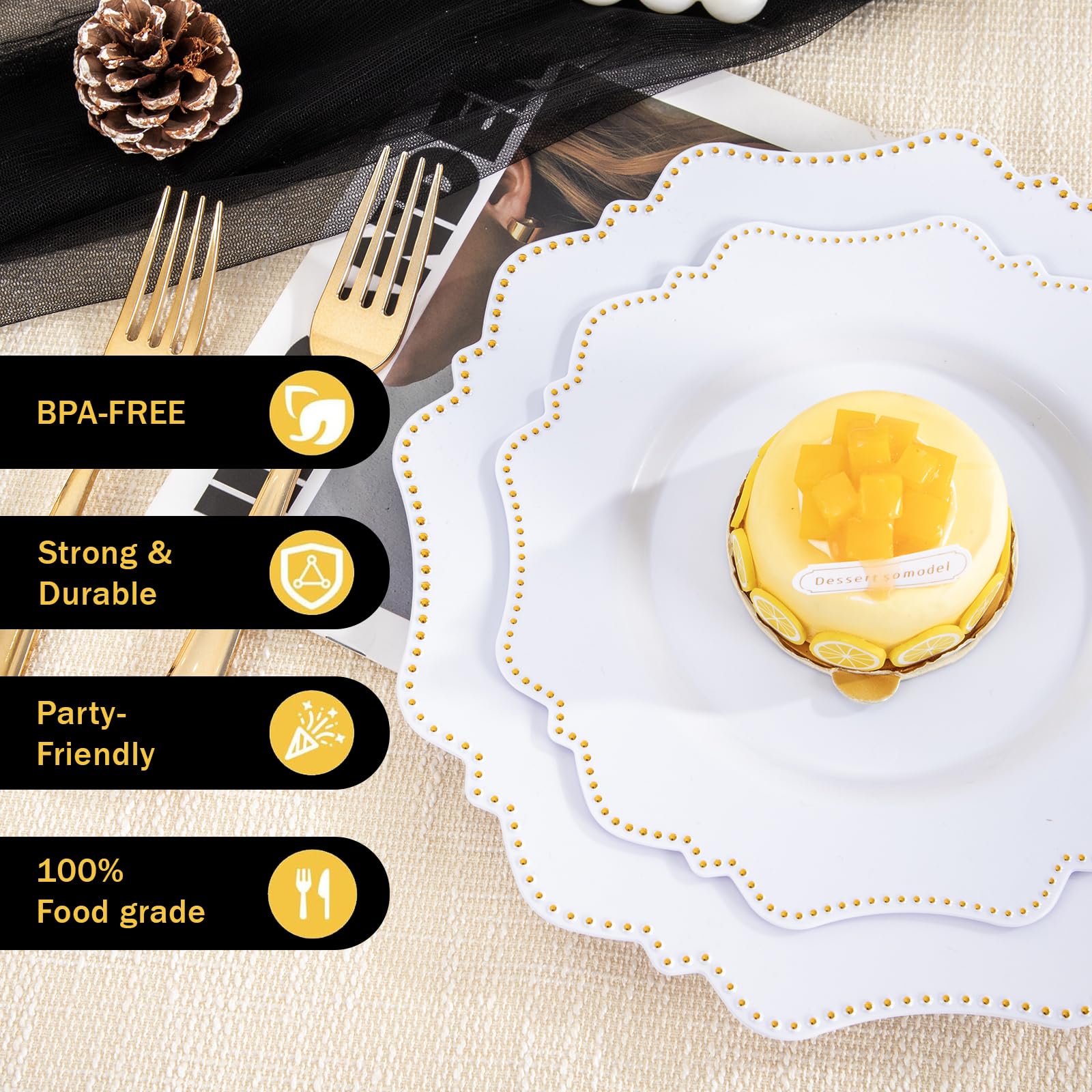 COLOSUS 60PCS White Plastic Plates for 30 guests-Fancy Plastic Beaded Plates,Plastic Plates for Party, Elegant White plates,Include 30 PCS 10.5" Dinner plates & 30PCS 8.25" Dessert plates for easter