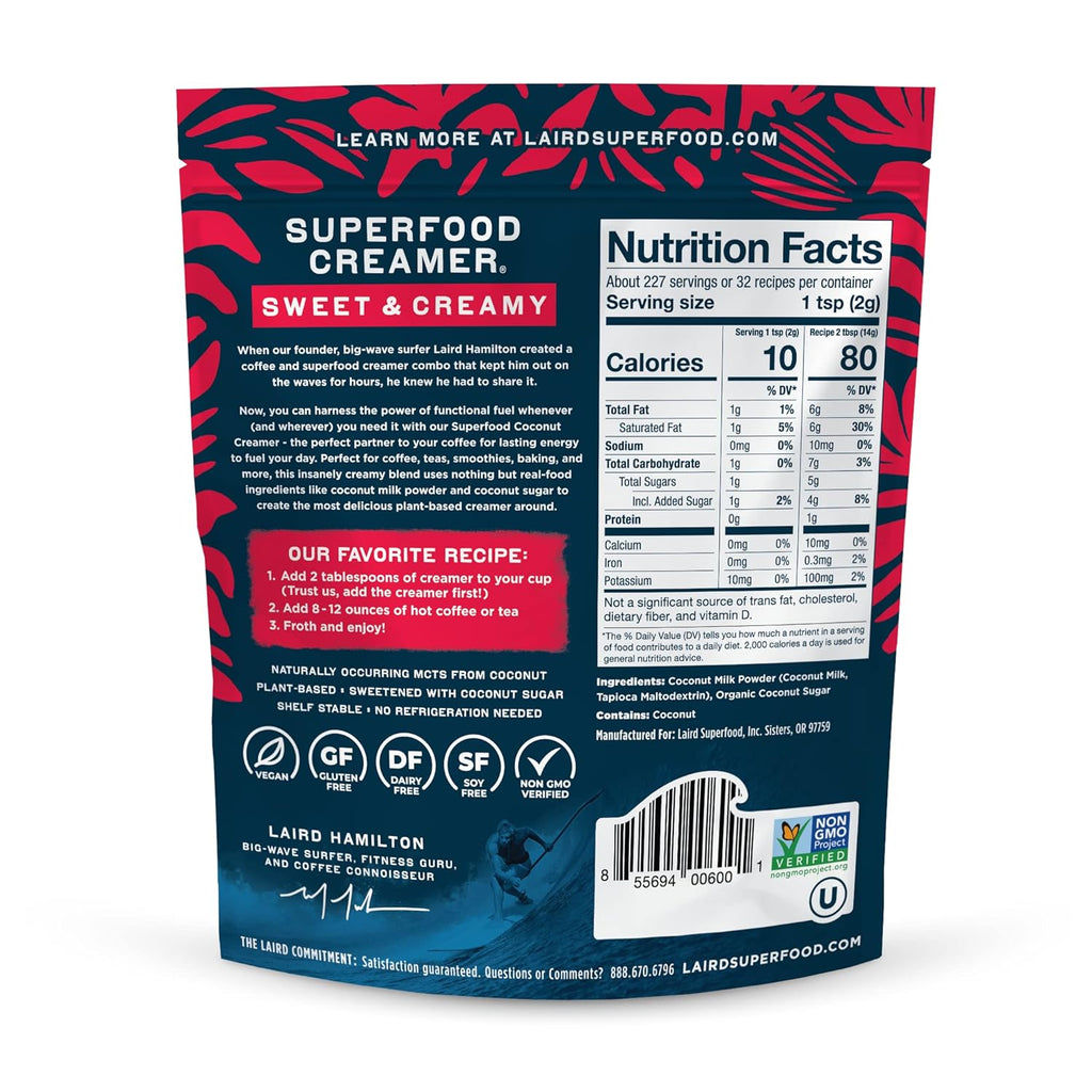 Laird Superfood Non-Dairy Coconut Powder Creamer - Sweet & Creamy + Adaptogens - Superfood Creamer with Functional Mushrooms - Non-GMO, Vegan, 8 oz. Bag, Pack of 1