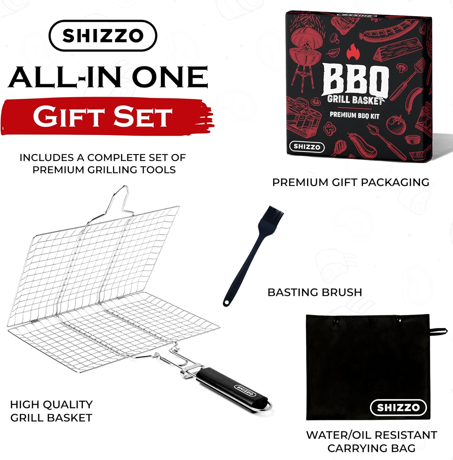 SHIZZO Shallow Grill Basket Set, Grilling Accessories Barbecue BBQ, Stainless Steel Folding Portable Outdoor Camping Rack for Fish, Shrimp, Vegetables, Cooking Accessories, Gift for Family, Freinds
