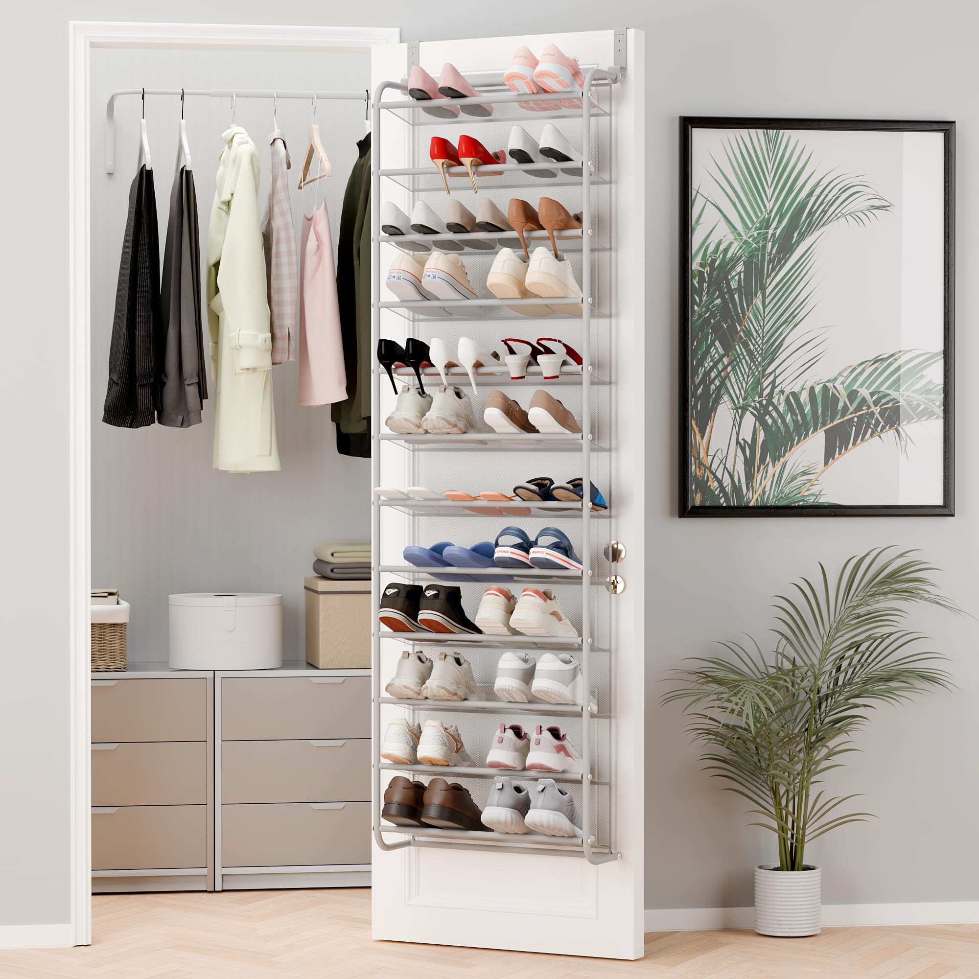 Whitmor 36 Pair Over the Door Shoe Organizer, 12 Tier Hanging Shoe Organizer, Heavy Duty Metal & Mesh Shoe Holder, Hanging Shoe Rack for Closet Organizer & Storage, 74"L x 21.7"W x 7.5"H, White