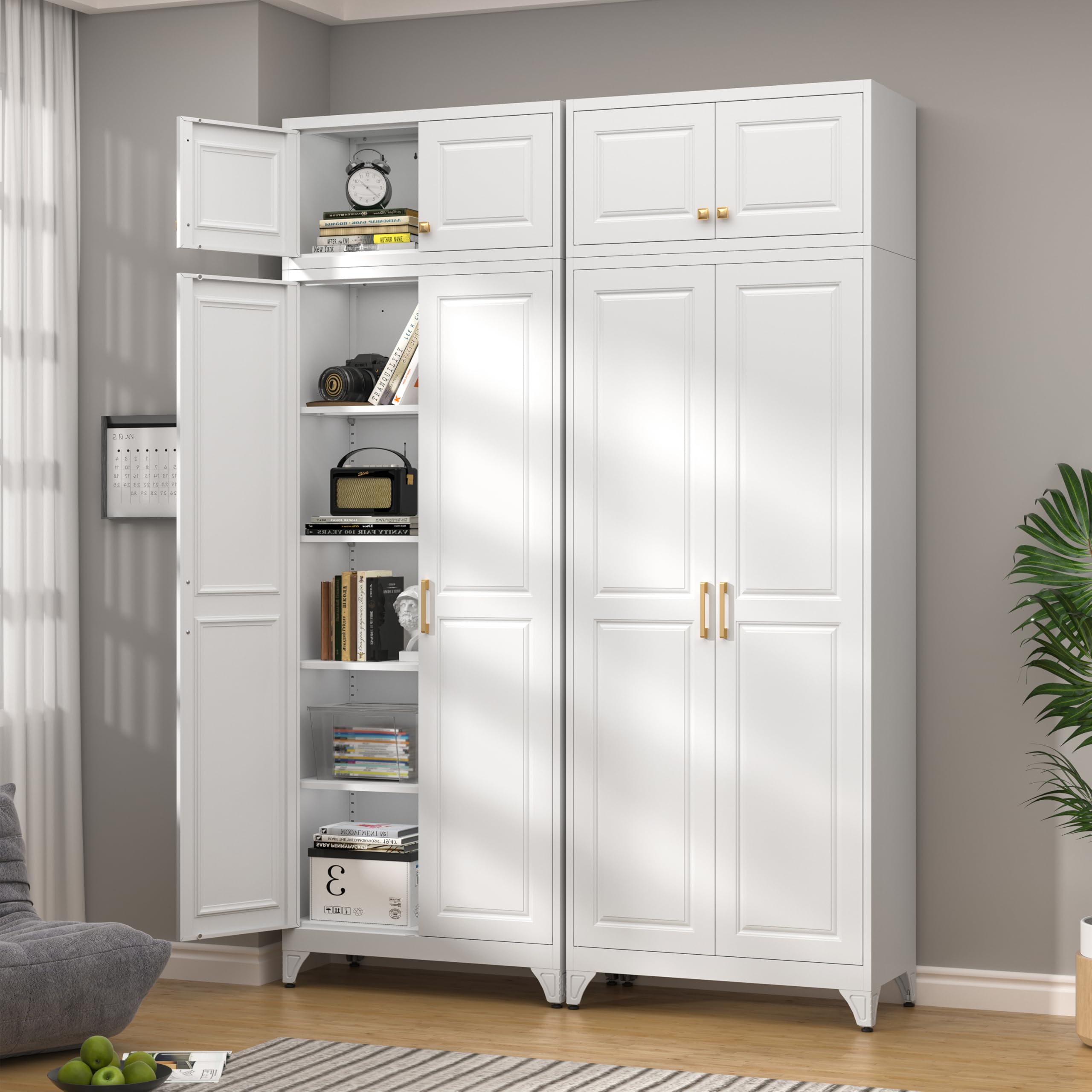 75" Tall Metal Kitchen Storage Cabinet,White Kitchen Pantry Storage Cabinet with Doors and 4 Adjustable Shelves,Utility Cabinet for Living Room,Garage,Dining Room and Office,Assemble Required
