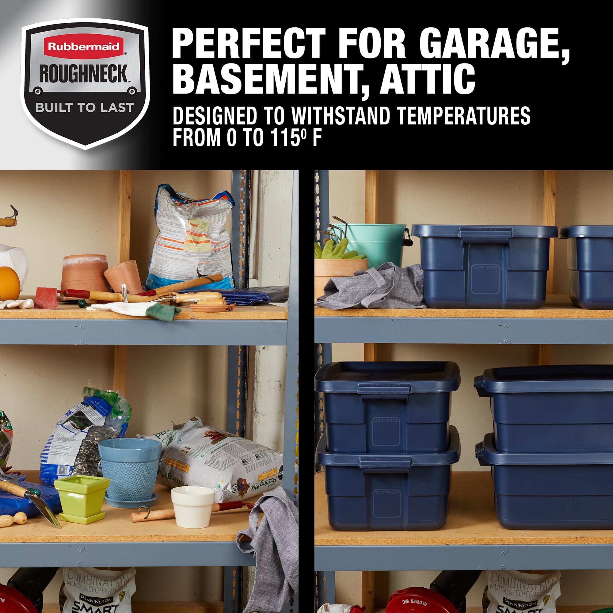 Rubbermaid Roughneck Tote 14 Gal, 6 Pack, Made in USA, Dark Indigo Metallic, Rugged Plastic Stackable Storage Bins with Lids and Handles