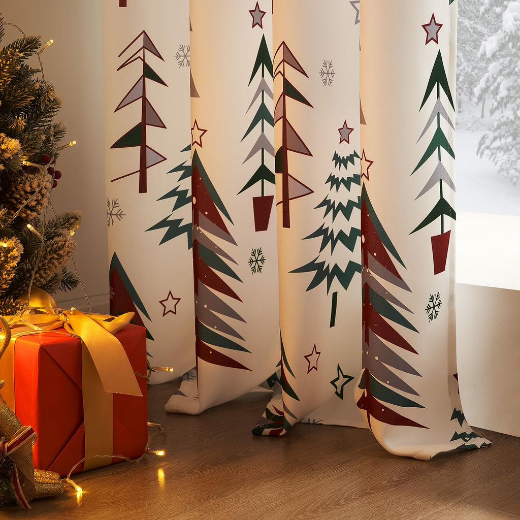 Topfinel Christmas Curtains 84 Inch Length for Living Room 2 Panels Set,Grommet Xmas Decoration Window Curtains with Christmas Tree and Snowflake Print for Bedroom,Set of 2,52x84 Inches Long,White