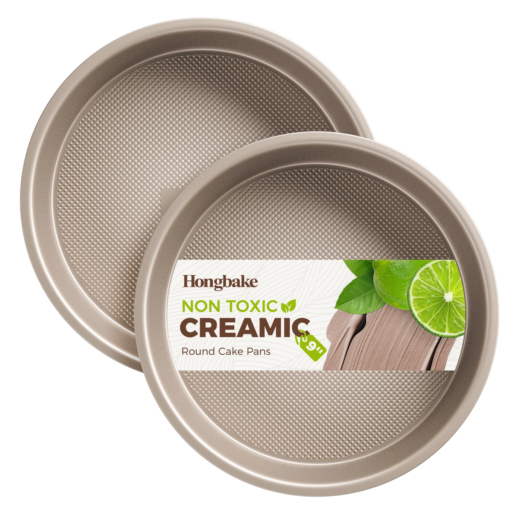 HONGBAKE Nonstick Ceramic 9 Inch Round Cake Pan Set of 2, Heavy-Duty Aluminized Steel round cake pans with Diamond Texture, Non-Toxic Cake Molds, Cake Pans Sets for Baking Cheesecake, Cream
