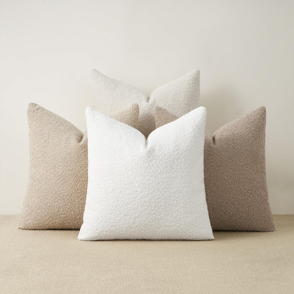 Topfinel Boucle Decorative Pillow Covers 18x18 Inches Set of 4 Neutral Cream Ivory White Pillowcase with Linen Cotton Back Chair Sofa Modern & Minimal Living Room Spring Home Decor