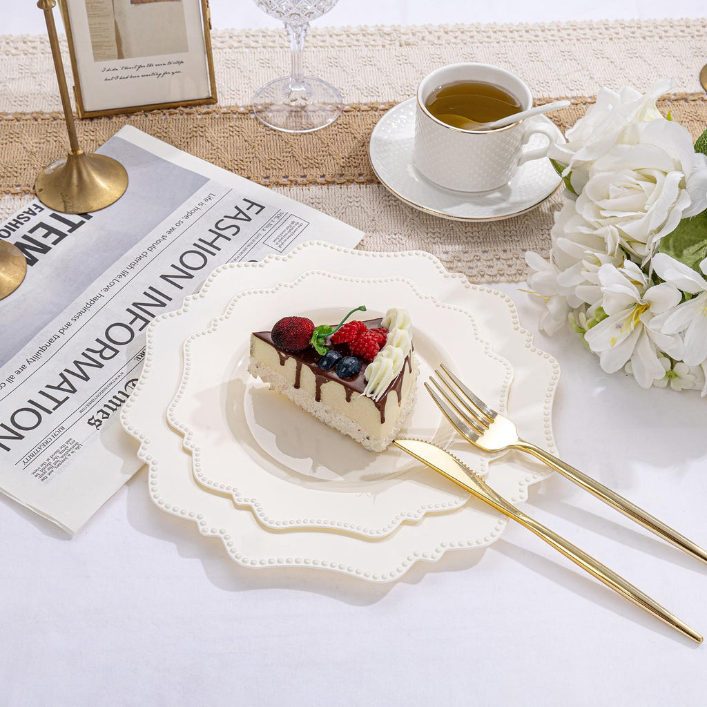 COLOSUS 60PCS White Plastic Plates for 30 guests-Fancy Plastic Beaded Plates,Plastic Plates for Party, Elegant White plates,Include 30 PCS 10.5" Dinner plates & 30PCS 8.25" Dessert plates for easter