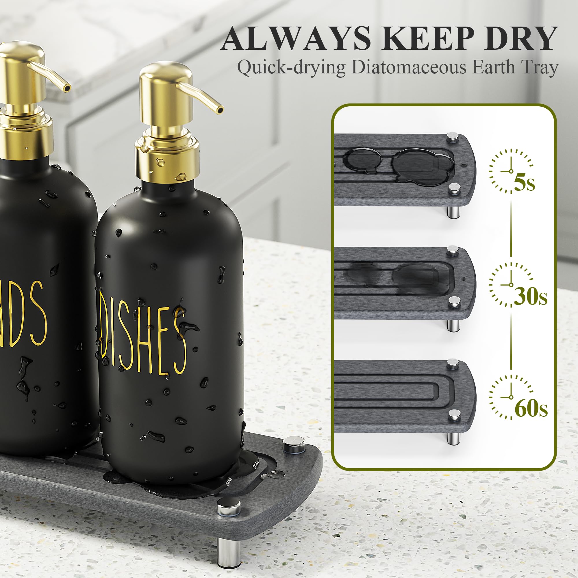 Cisily Kitchen Soap Dispenser Set Comes with Ceramics Sponge Holder, Gold Pumps, and Instant Dry Tray, Hand and Dish Soap Dispenser Set (4, Gold + White + Sponge Holder)