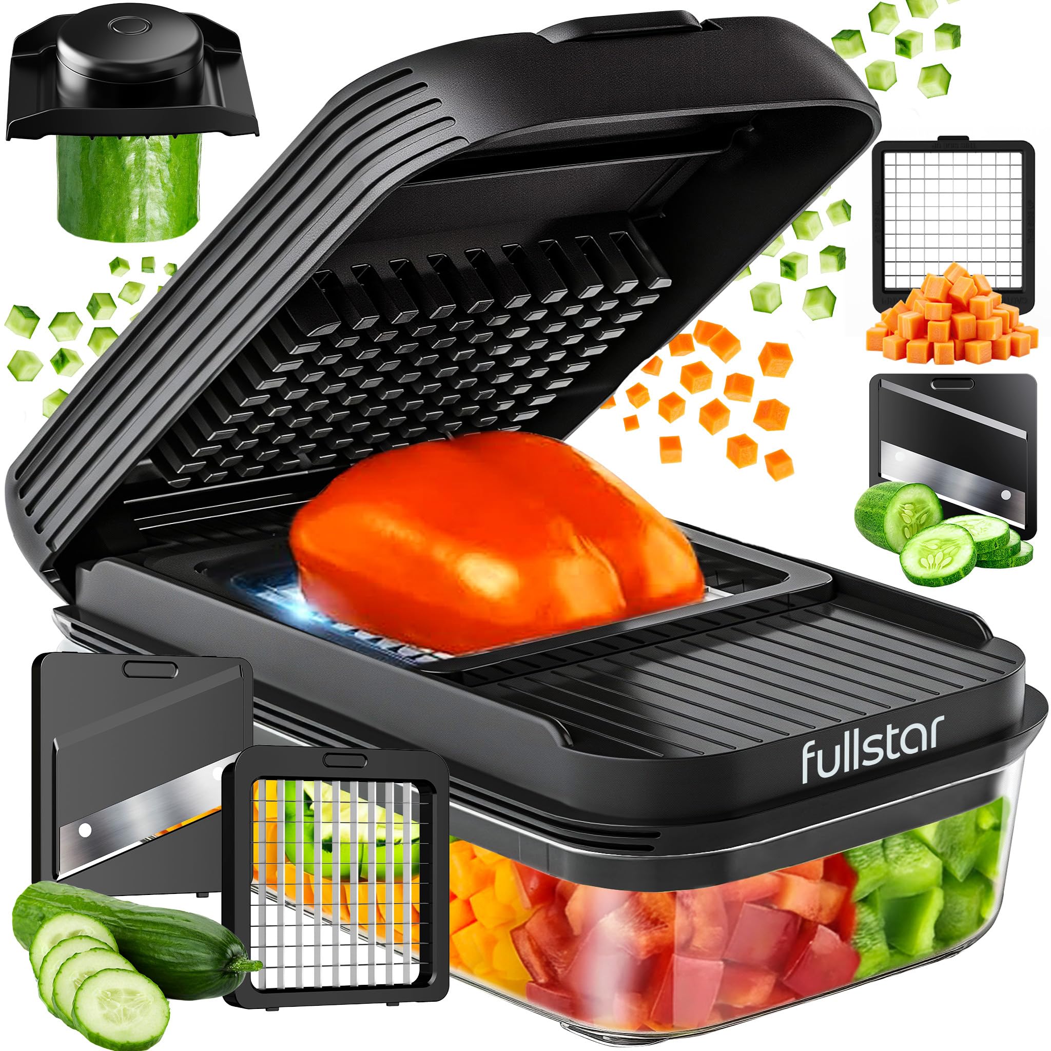 Fullstar Daily Vegetable Chopper and Mandoline Slicer - Kitchen Gadgets - Food Chopper with Container, Veggie Chopper, Fruit Cutter, Onion Dicer, Potato and Tomato Slicer for Salads (2-in-1, Black)