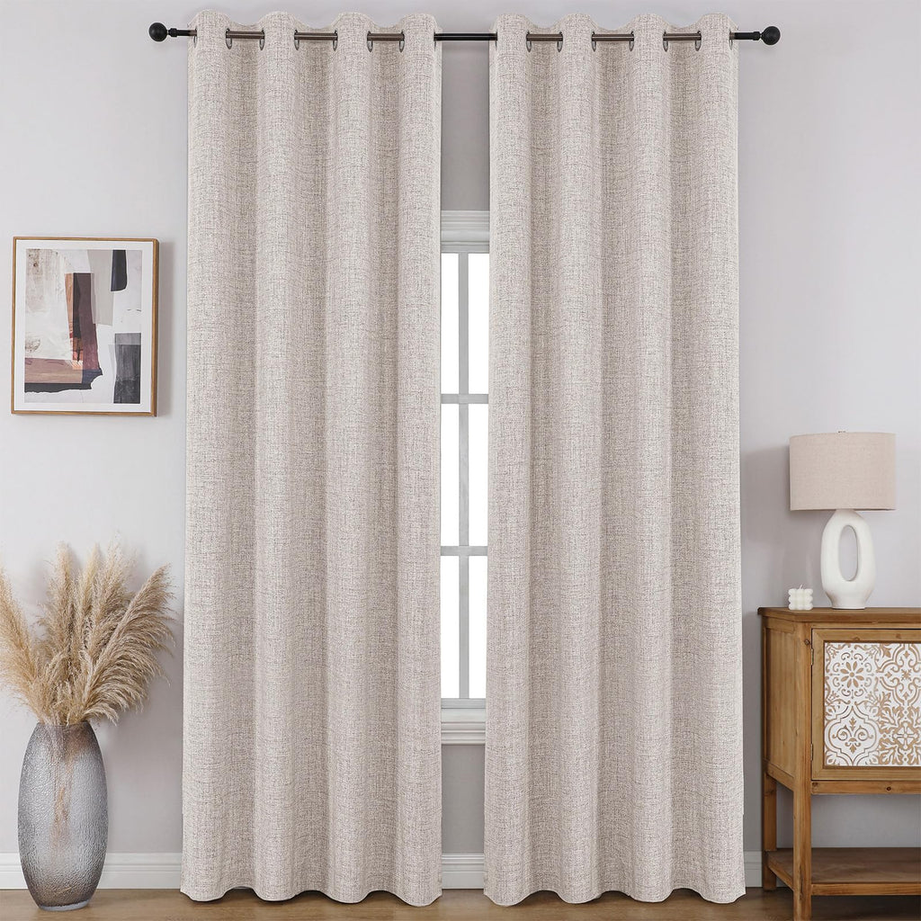 CUCRAF 100% Blackout Window Curtains 84 inches Long 2 Panels Set, Faux Linen Look Thermal Insulated Grommet Drapes, Room Darkening Curtain for Bedroom Living Room(W52 x L84 Inch, Light Khaki)