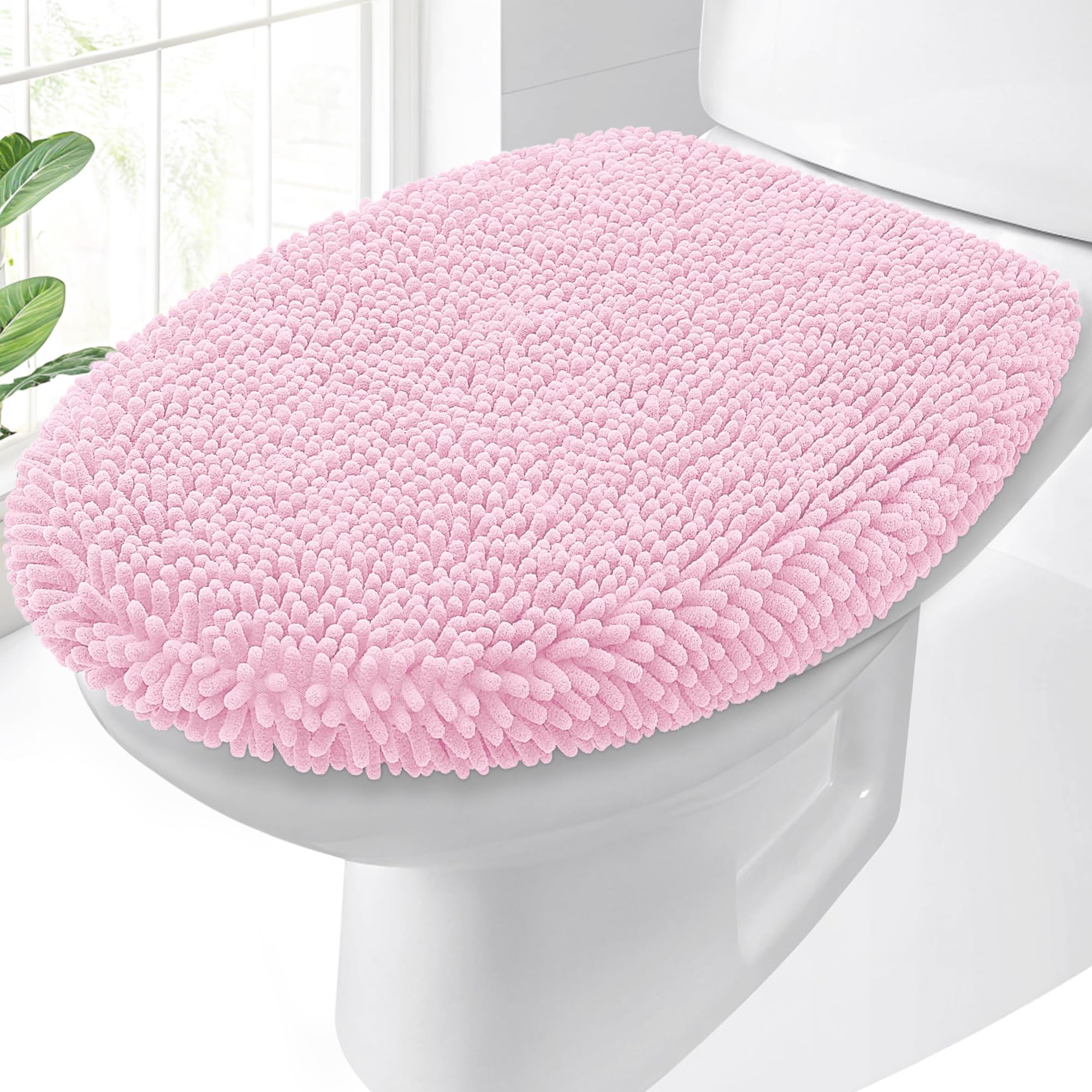 OLANLY Soft Chenille Bathroom Toilet Lid Cover, Machine Washable Seat Covers, 17.5x15, Stays in Place Rubber Backing, Fits Most Round, Elongated and Oblong Lids, Accessories Decor, Gray