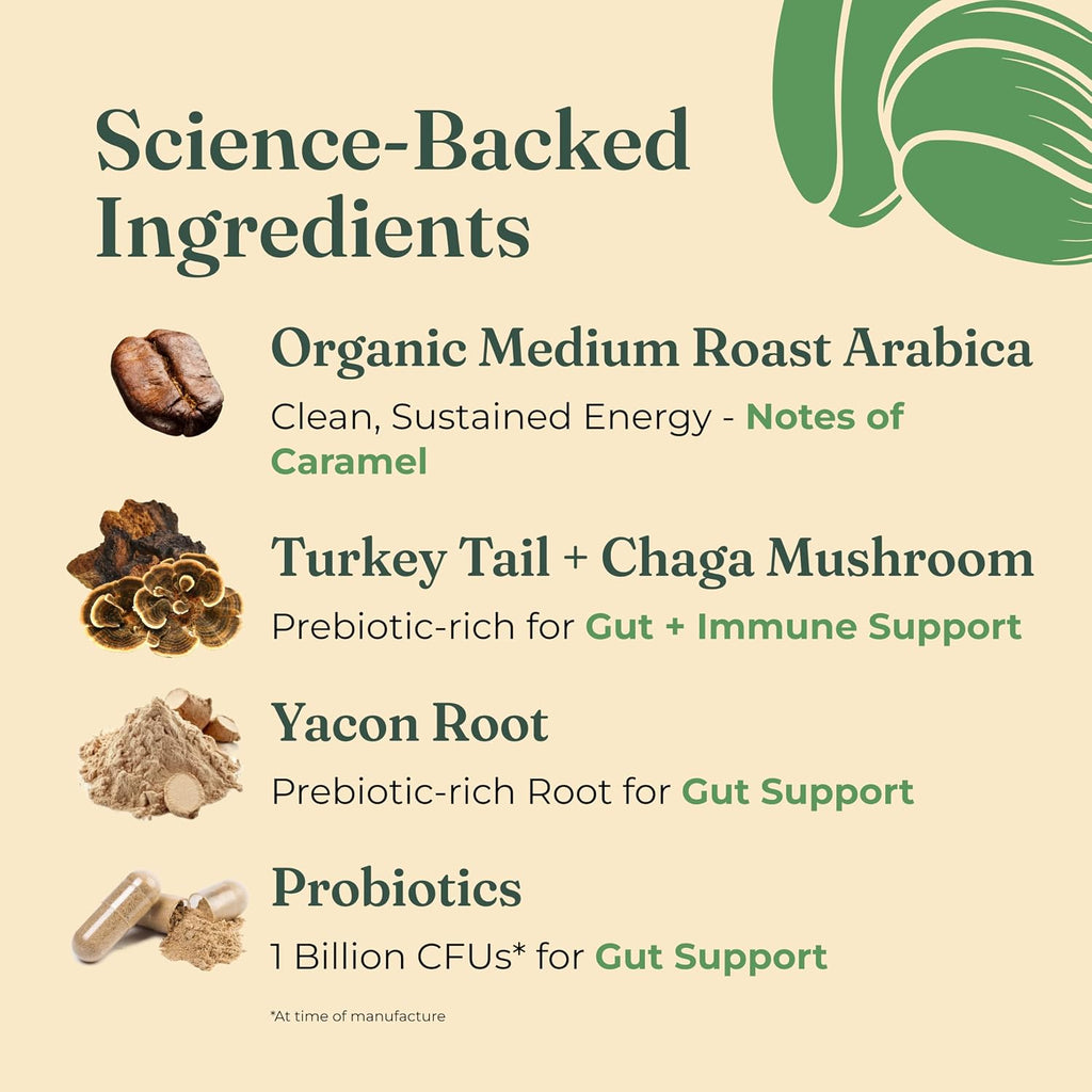 Four Sigmatic Gut Health Organic Ground Coffee | Medium Roast, Immune Boosting Probiotic Mushroom Coffee with Chaga & Turkey Tail for Gut Health & Immune Support | 12oz Bag