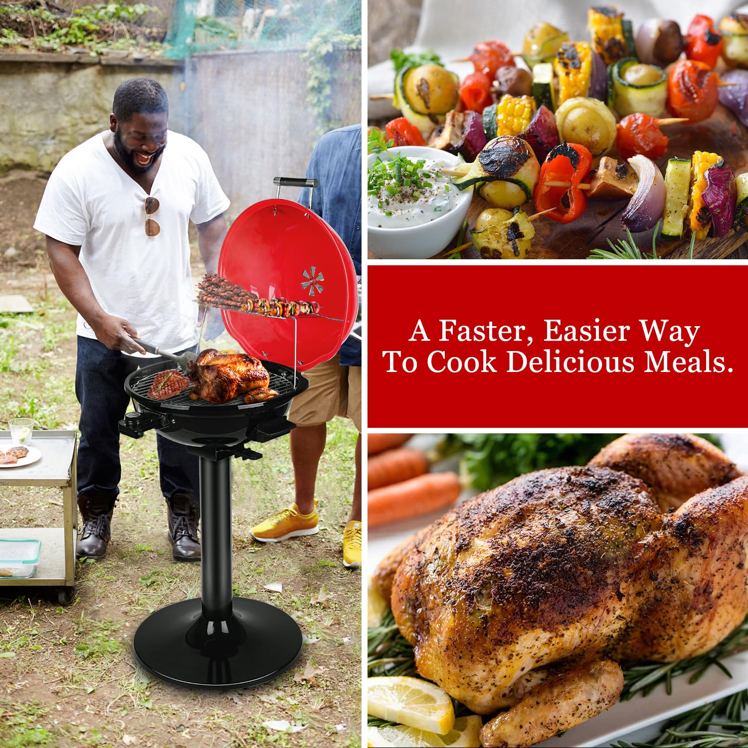 Electric Grill, Techwood Indoor/Outdoor Electric BBQ Grill, 1600W Portable Removable Stand Grill with Adjustable Heat & Drip Tray, Double Layer Design for Party, Patio & Backyard (Black)
