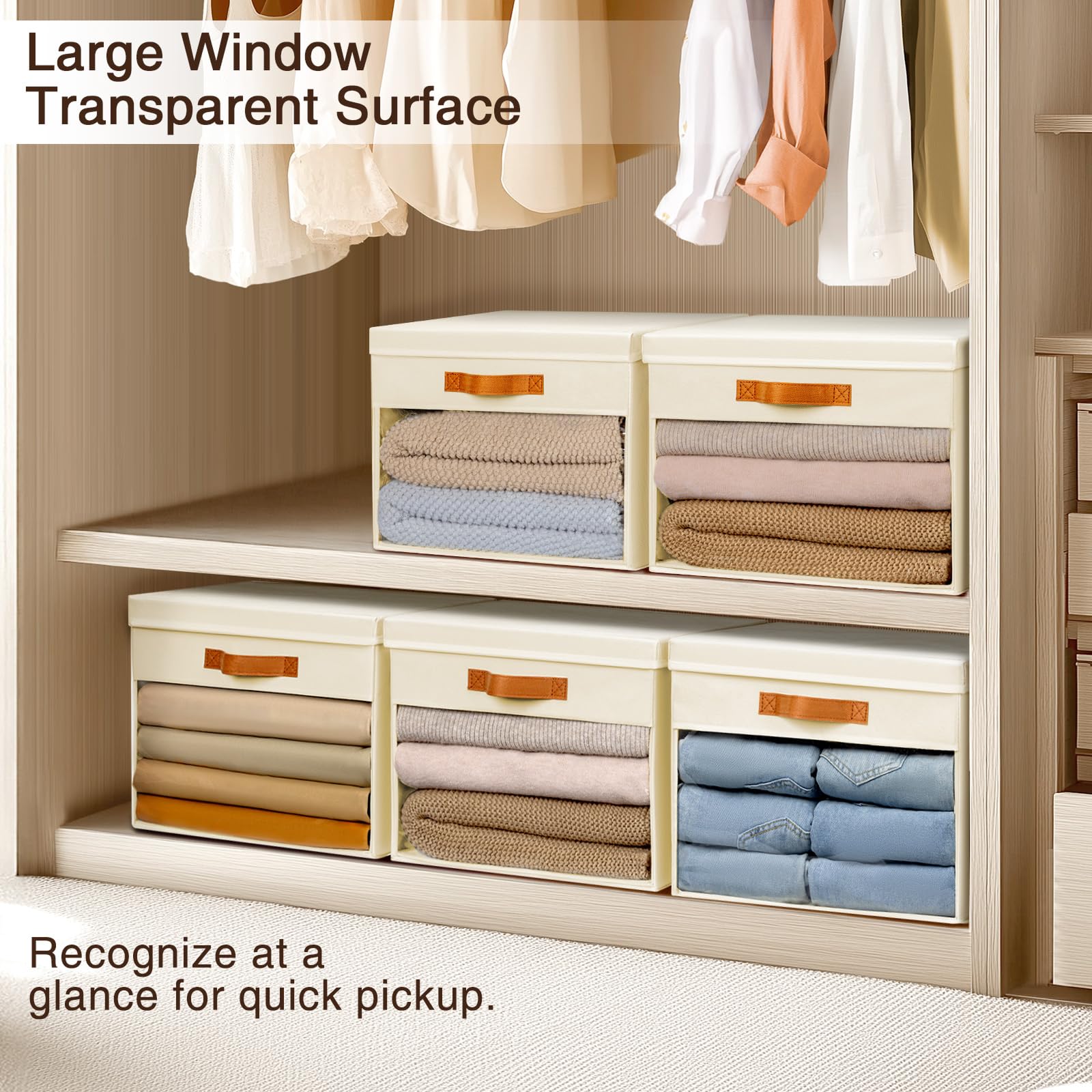 Homsorout Large Storage Bins with Lids - 4 Pack Foldable Decorative Organizers with Clear Windows & Handles, Cube Storage Organizers for Clothes, Blankets, Sweaters, Sheets, Beige