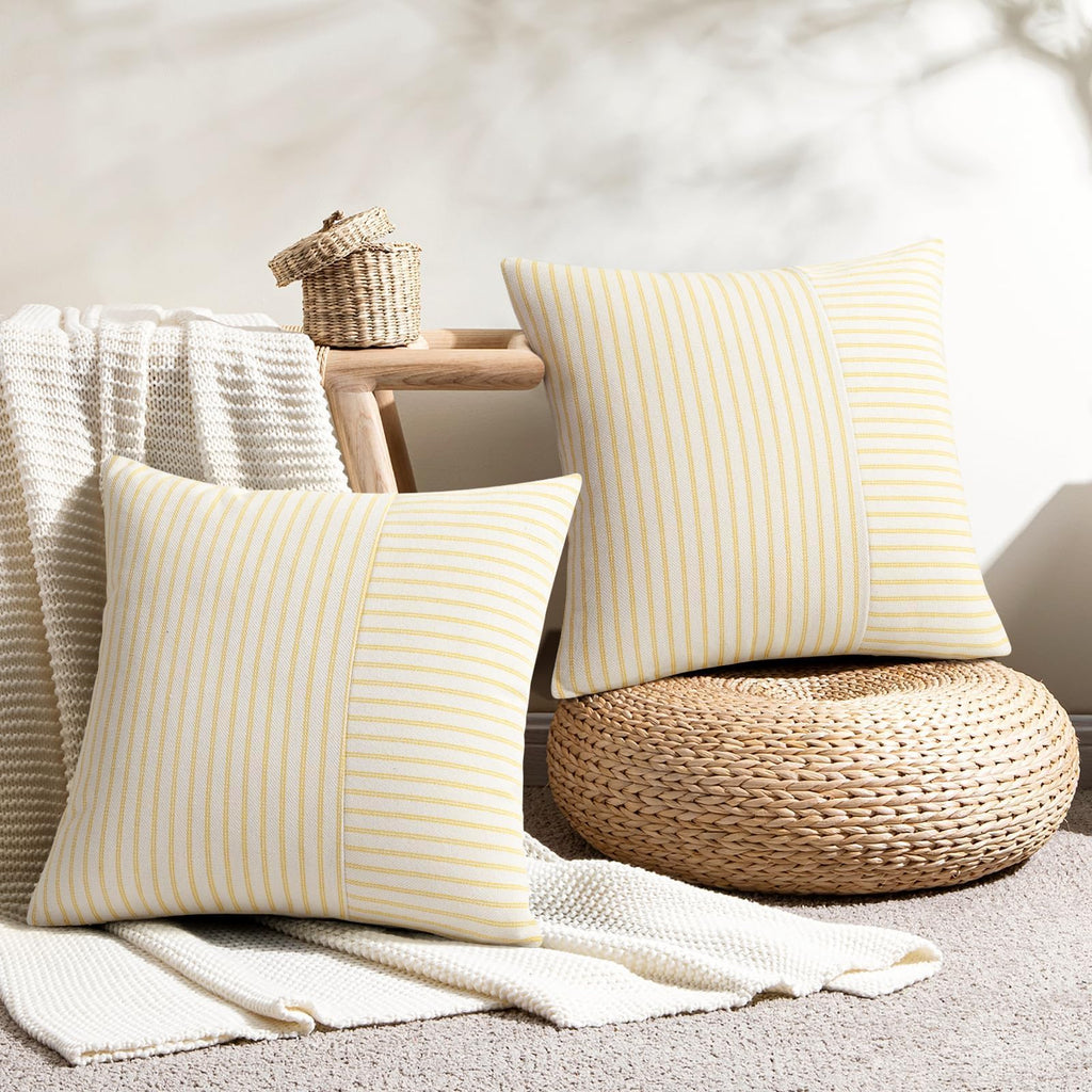 YCOLL Farmhouse Pillow Covers 18x18, Modern Accent Square Throw Pillow Covers Set of 2, Gray and Beige Striped Patchwork Linen Decorative Pillows Cushion Covers for Couch Chair Bedroom Home Decor