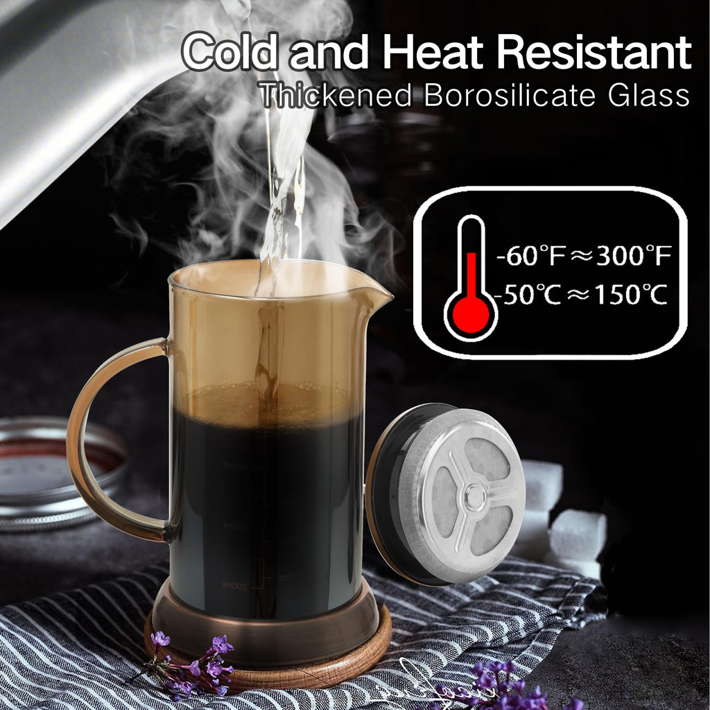 YMMIND French Press Coffee Maker 304 Stainless Steel Coffee Press,with 4 Filters System, Heat Resistant Thickness Borosilicate French Press Glass, BPA-Free Brewed Tea Pot Coffee Plunger(Copper 12oz)