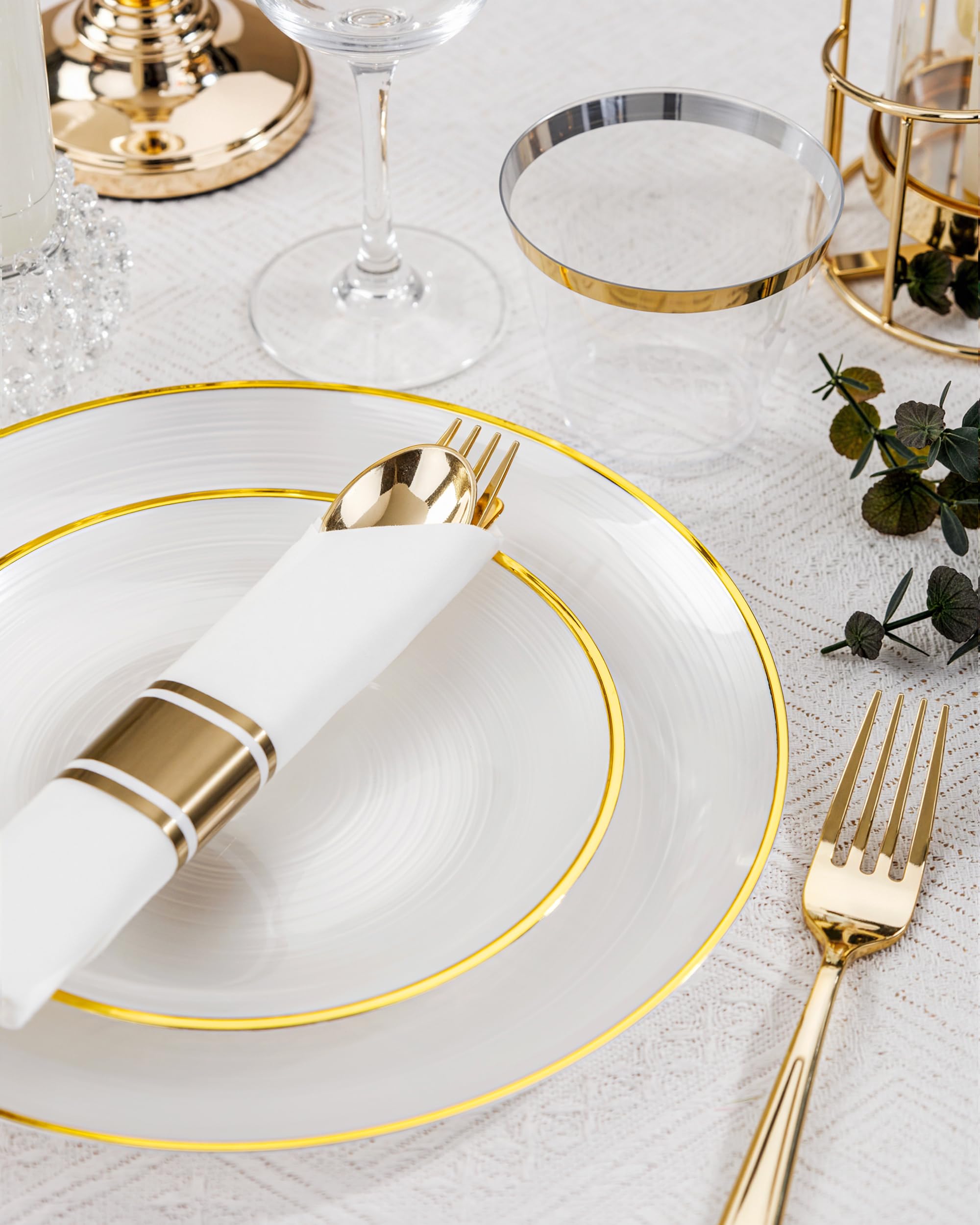 Morejoy 60Pcs Brown Plastic Plates,Brown Disposable Plates With Gold Rim, Gold Party Dinnerware Set Include 30 Dessert plates,30 Dinner plates for Party & Wedding