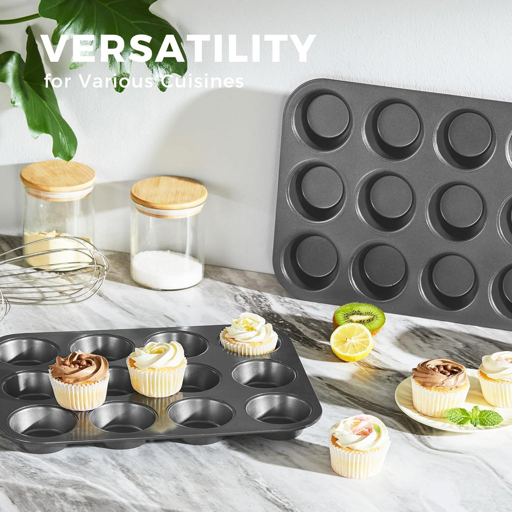 HONGBAKE Muffin Pan for Baking, Nonstick Cupcake Tin 12 Cup, 4 Pack Cup Cake Tray, Premium Cheesecake Pans, Dishwasher Safe - Dark Grey