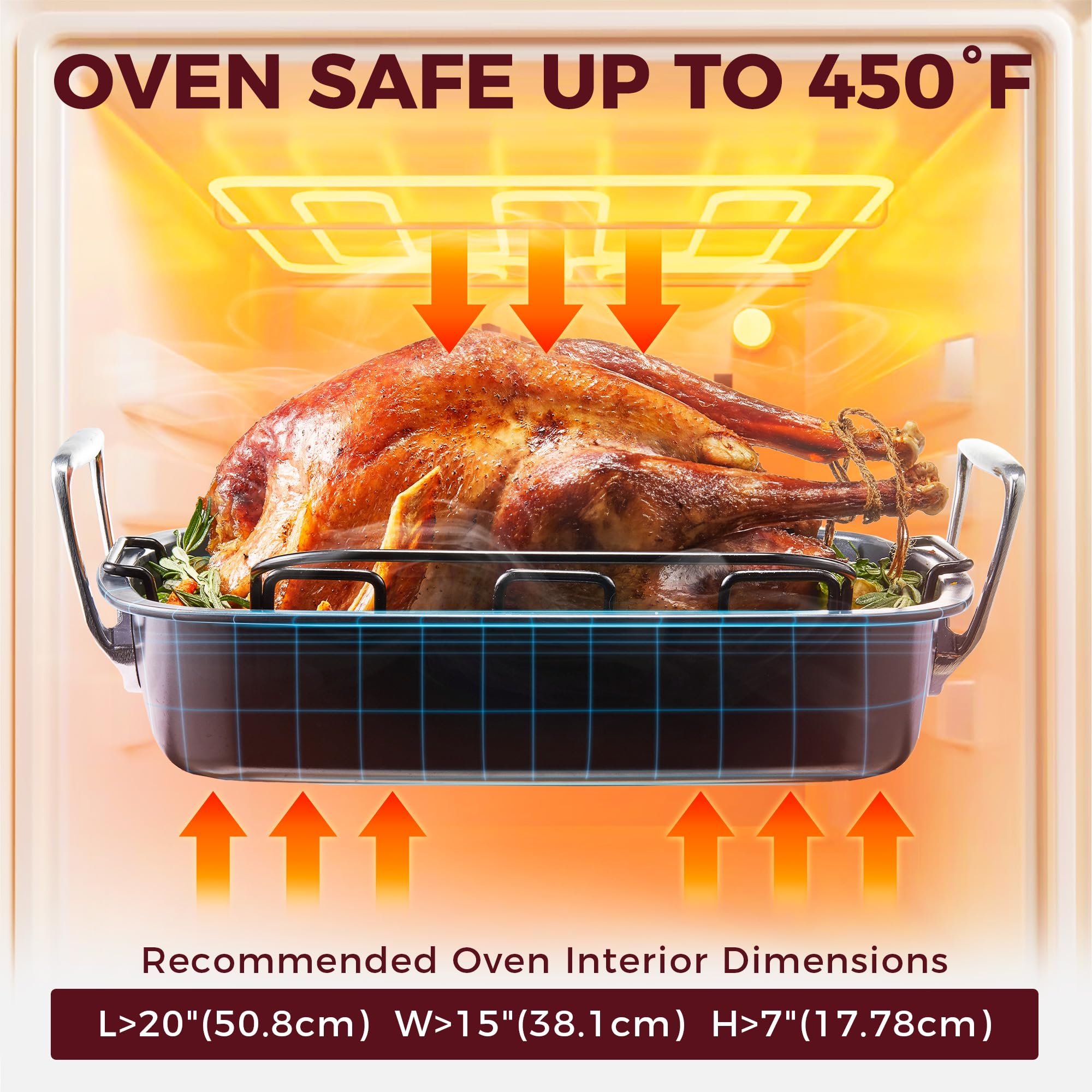 HONGBAKE Ceramic Coated Nonstick Large Turkey Roasting Pan with Rack (U-Shaped), 18.7×13.6 Inch Deep Roaster Pan for 25 lb Turkey & Chicken, Wider Handles, Non Toxic, PFOA & PTFE-Free, Cream & Gray