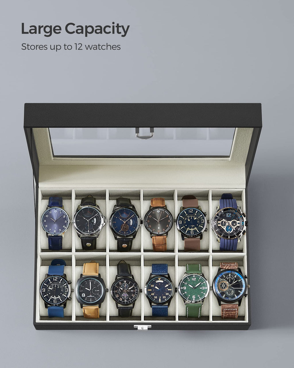 SONGMICS Watch Box, 12-Slot Watch Case Organizer with Large Glass Lid, Removable Pillows, Gift for Loved Ones, Black Synthetic Leather, Gray Lining UJWB12BK