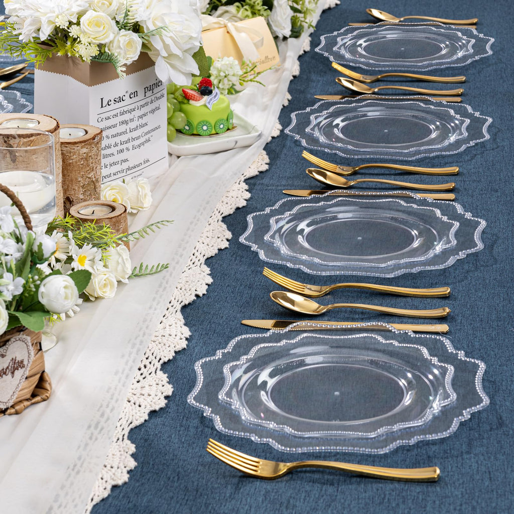 COLOSUS 60PCS White Plastic Plates for 30 guests-Fancy Plastic Beaded Plates,Plastic Plates for Party, Elegant White plates,Include 30 PCS 10.5" Dinner plates & 30PCS 8.25" Dessert plates for easter