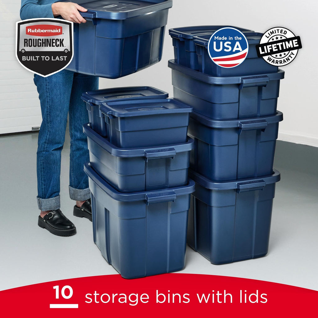 Rubbermaid Roughneck Tote 14 Gal, 6 Pack, Made in USA, Dark Indigo Metallic, Rugged Plastic Stackable Storage Bins with Lids and Handles