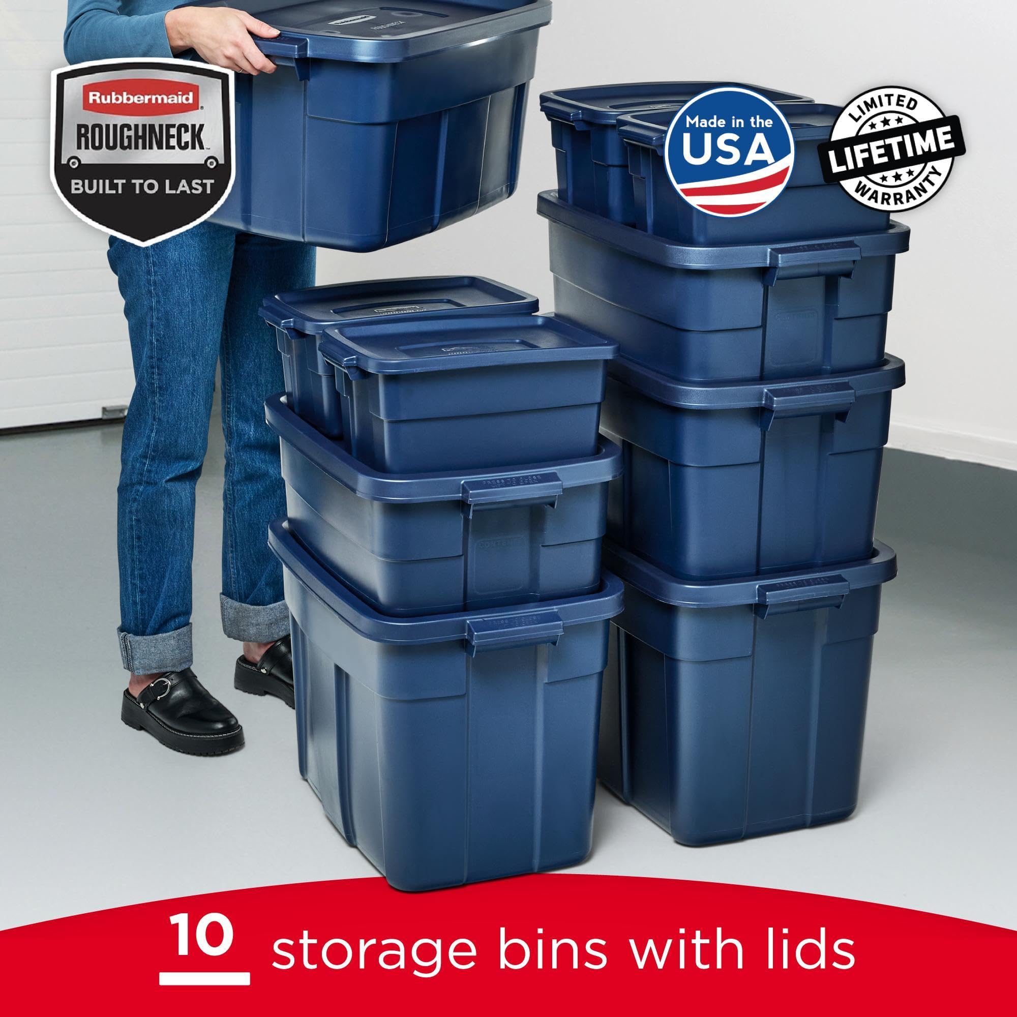 Rubbermaid Roughneck Tote 14 Gal, 6 Pack, Made in USA, Dark Indigo Metallic, Rugged Plastic Stackable Storage Bins with Lids and Handles