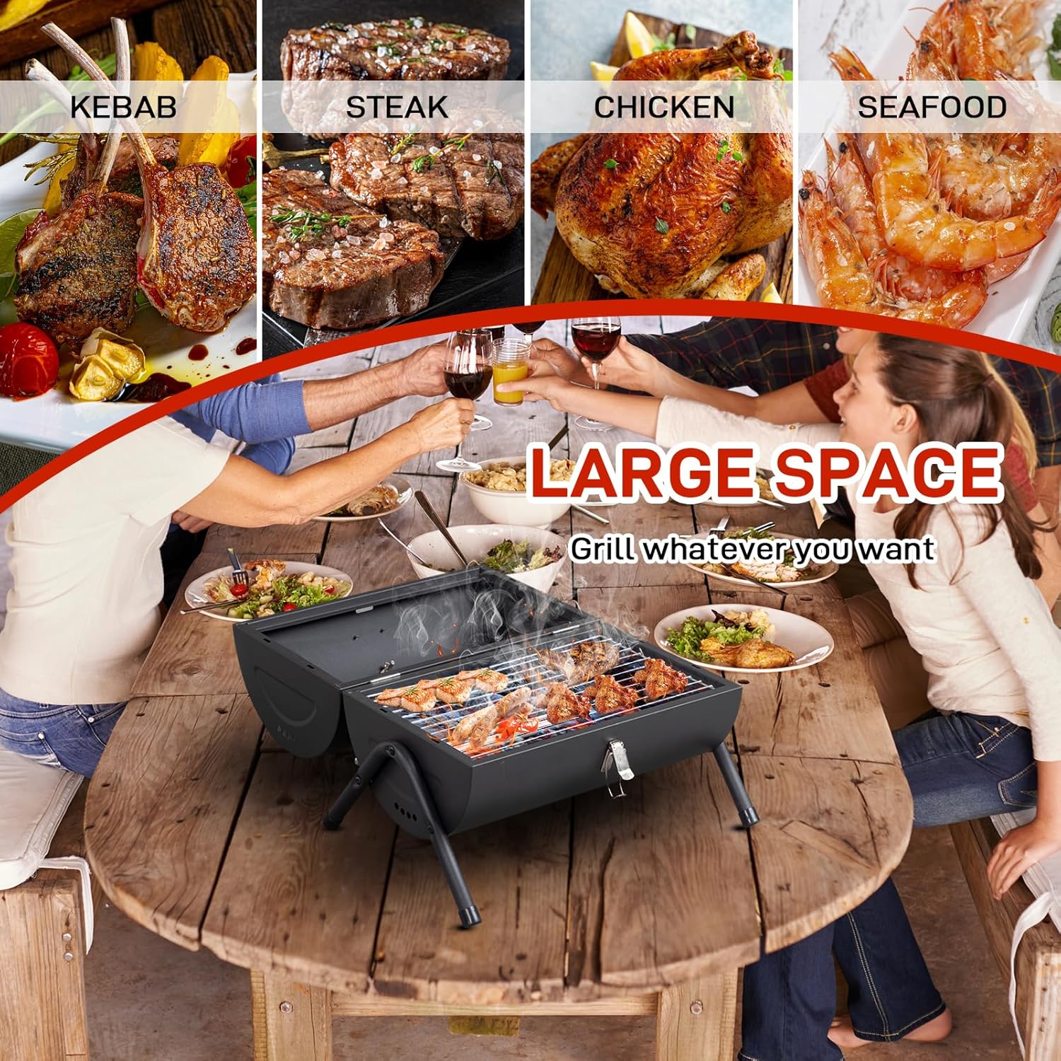 Vasitelan Portable Outdoor Tabletop Charcoal Grill Multi-functional Metal Small BBQ Smoker for Outdoor Hiking Picnic