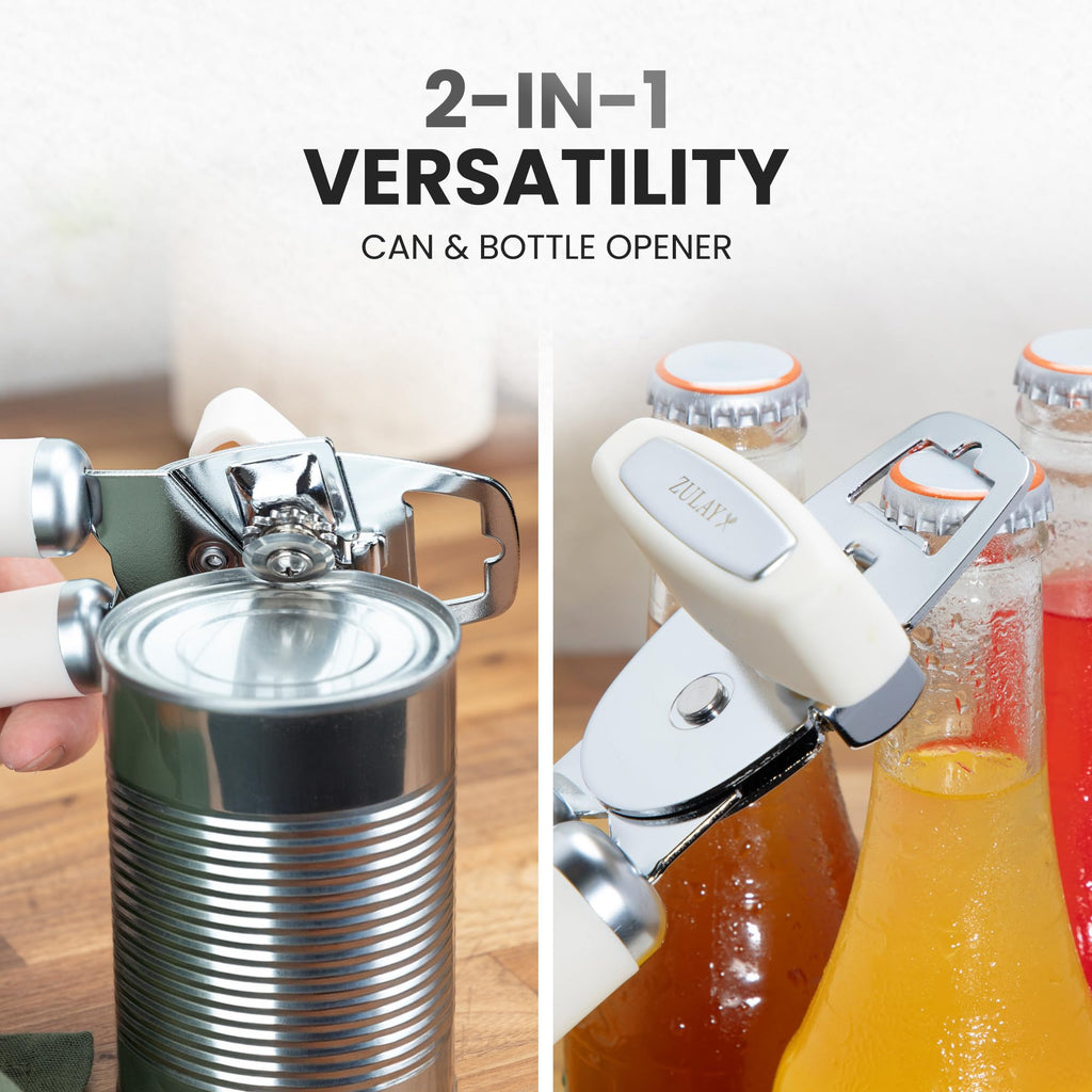 Zulay Kitchen COMFY™ Can Opener Manual with Bottle Opener - Rust Proof Stainless Steel Manual Can Opener With Turn Knob & Comfy Soft Grip Handles - Black