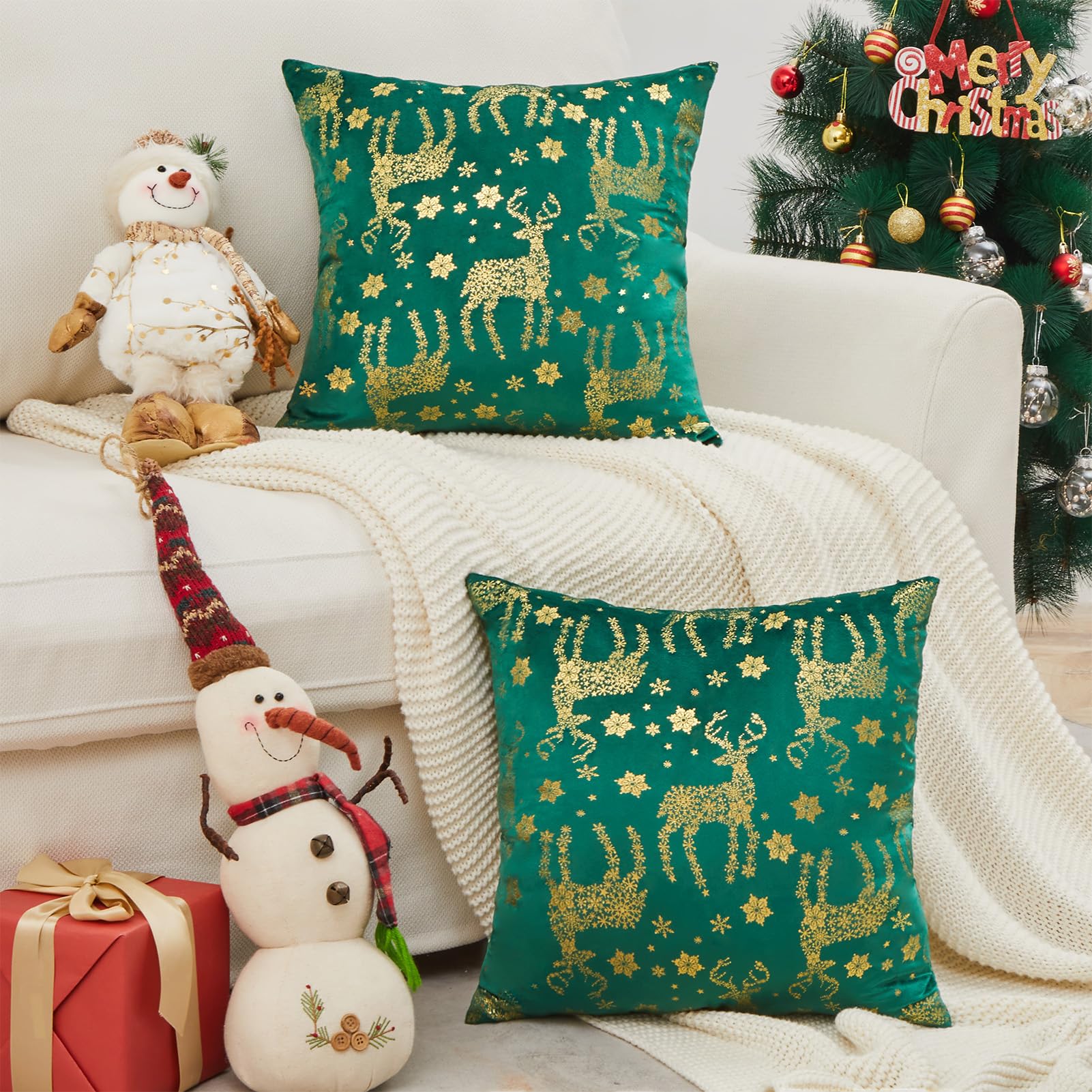 Topfinel Christmas Pillow Covers 18x18 Set of 2,Xmas Cream Velvet Snowflake Reindeer Decorative Pillow Case Winter Holiday Decor for Home Couch,White and Gold