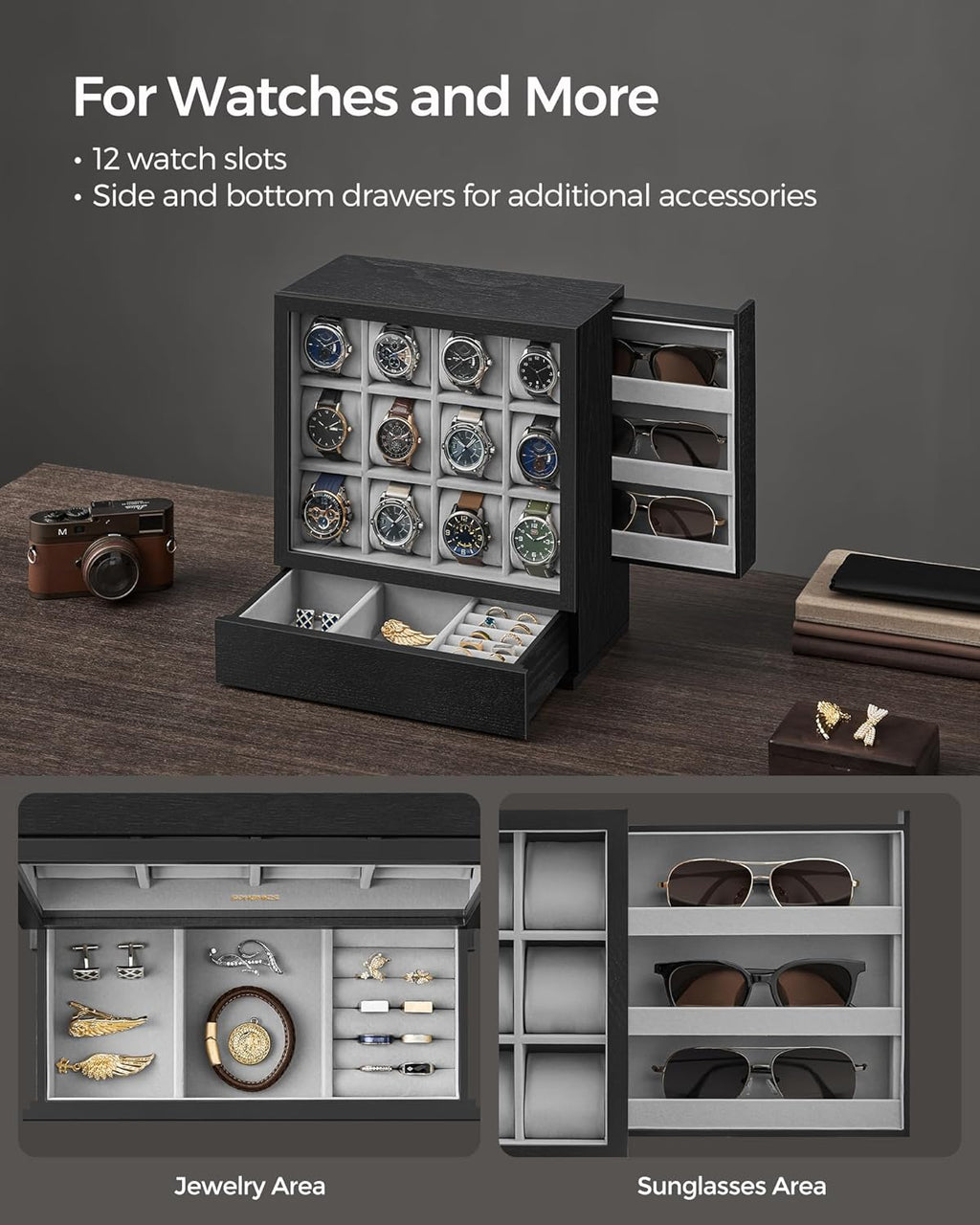 SONGMICS 12-Slot Watch Box, Watch Display Case with Window, Solid Wood Veneer, Velvet Lining, Vertical Storage, Space Saving, Gift Idea, Ebony Black UJOW014B01