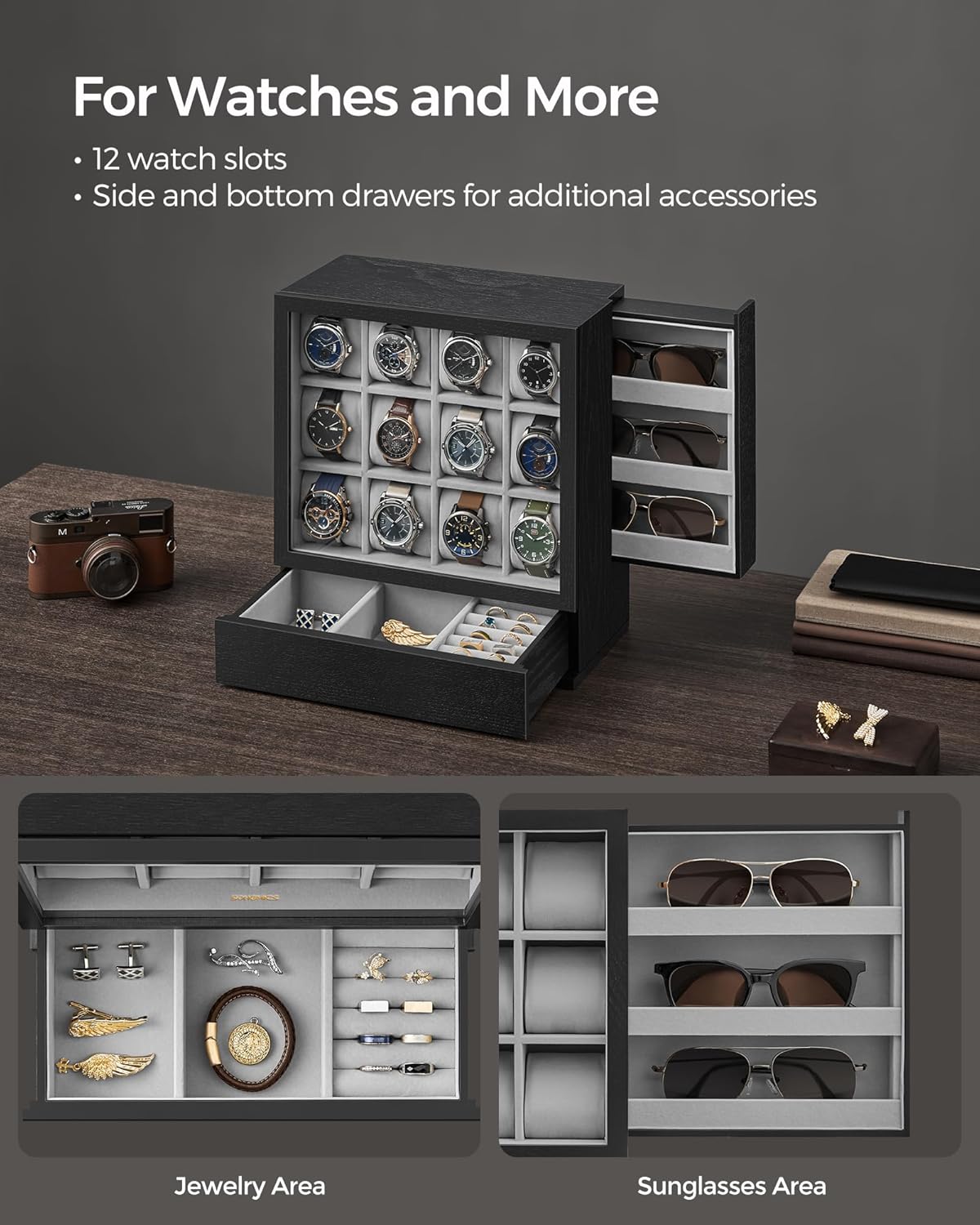 SONGMICS 12-Slot Watch Box, Watch Display Case with Window, Solid Wood Veneer, Velvet Lining, Vertical Storage, Space Saving, Gift Idea, Ebony Black UJOW014B01