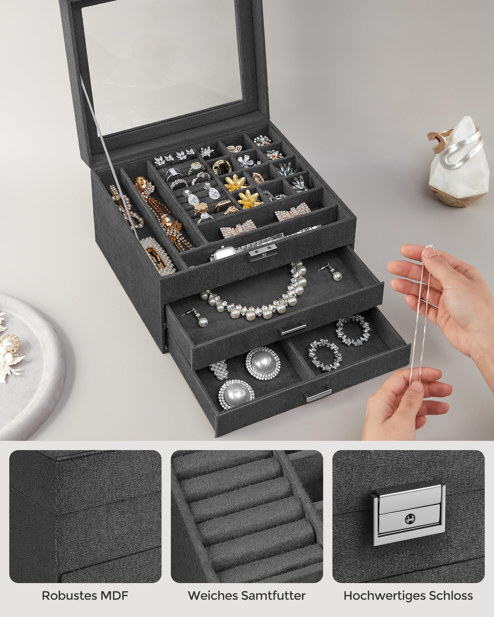 SONGMICS 3-Tier Jewelry Box, Travel Jewelry Case with Handle, 2 Drawers, Lockable Jewelry Organizer with Mirror, Jewelry Storage, Modern Style, Gift for Loved Ones, White UJBC154W01