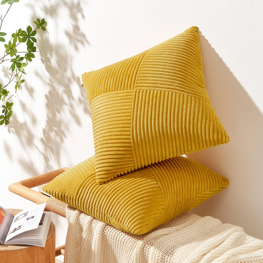 Topfinel Olive Green Decorative Throw Pillow Covers Set of 2 18x18 Inches for Couch Bed Sofa, Boho Aesthetic Home Decor, Soft Corduroy Striped Patchwork Windmill Textured Cushion Cases 45x45 cm