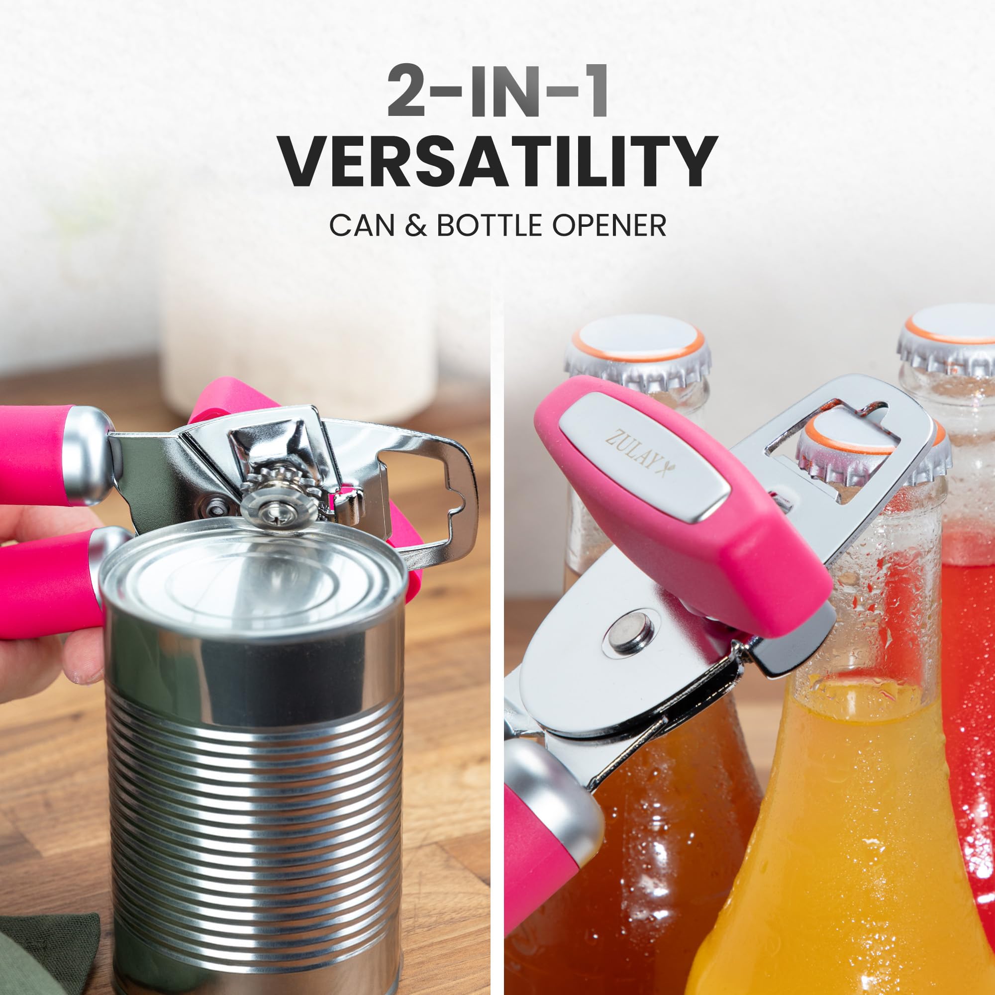Zulay Kitchen COMFY™ Can Opener Manual with Bottle Opener - Rust Proof Stainless Steel Manual Can Opener With Turn Knob & Comfy Soft Grip Handles - Black