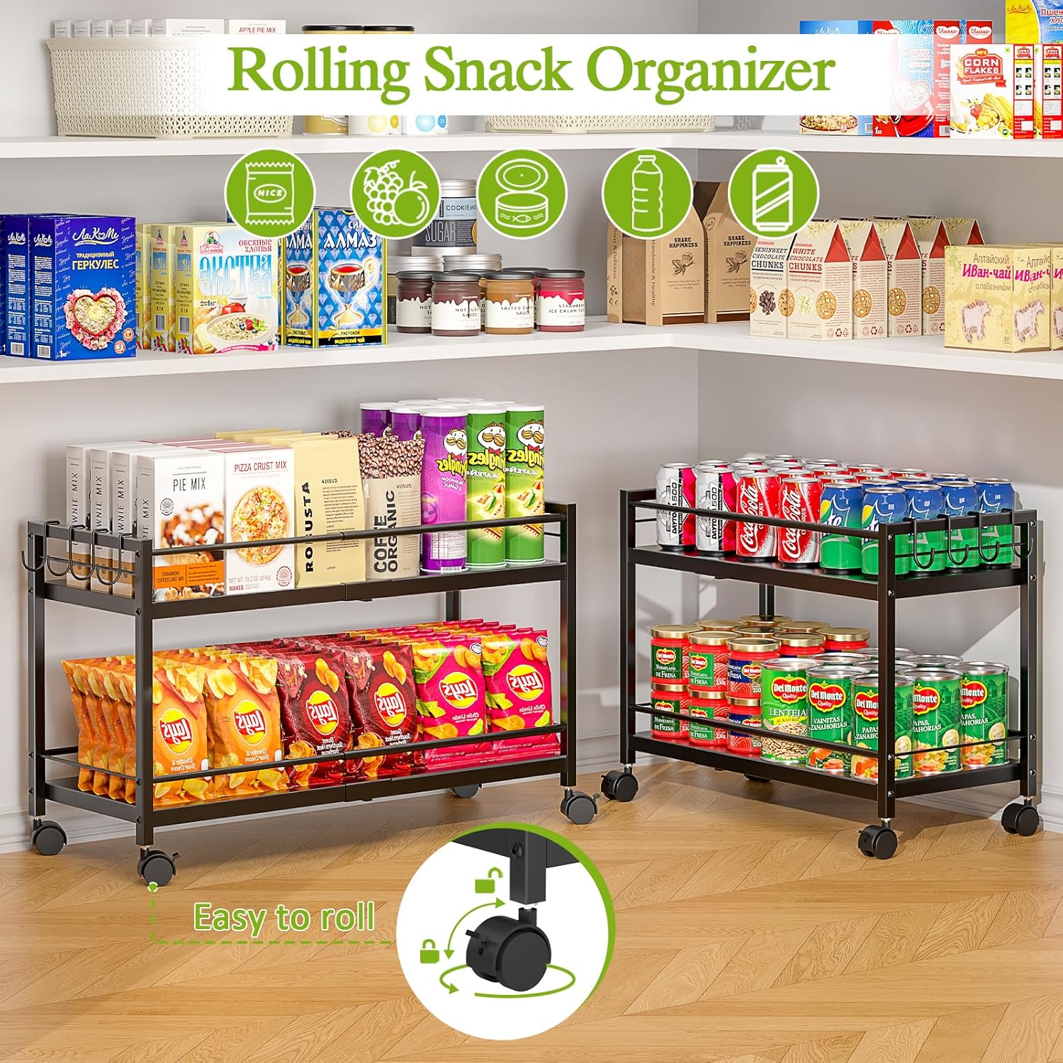 2-Tier 1 Pack Expandable Pantry Floor Organizer Cart, Rolling Pantry Storage Cart with Wheel, Adjustable Can Organizer for Kitchen Pantry, Pantry Shelves and Storage Rack for Snacks, Vegetables, Black