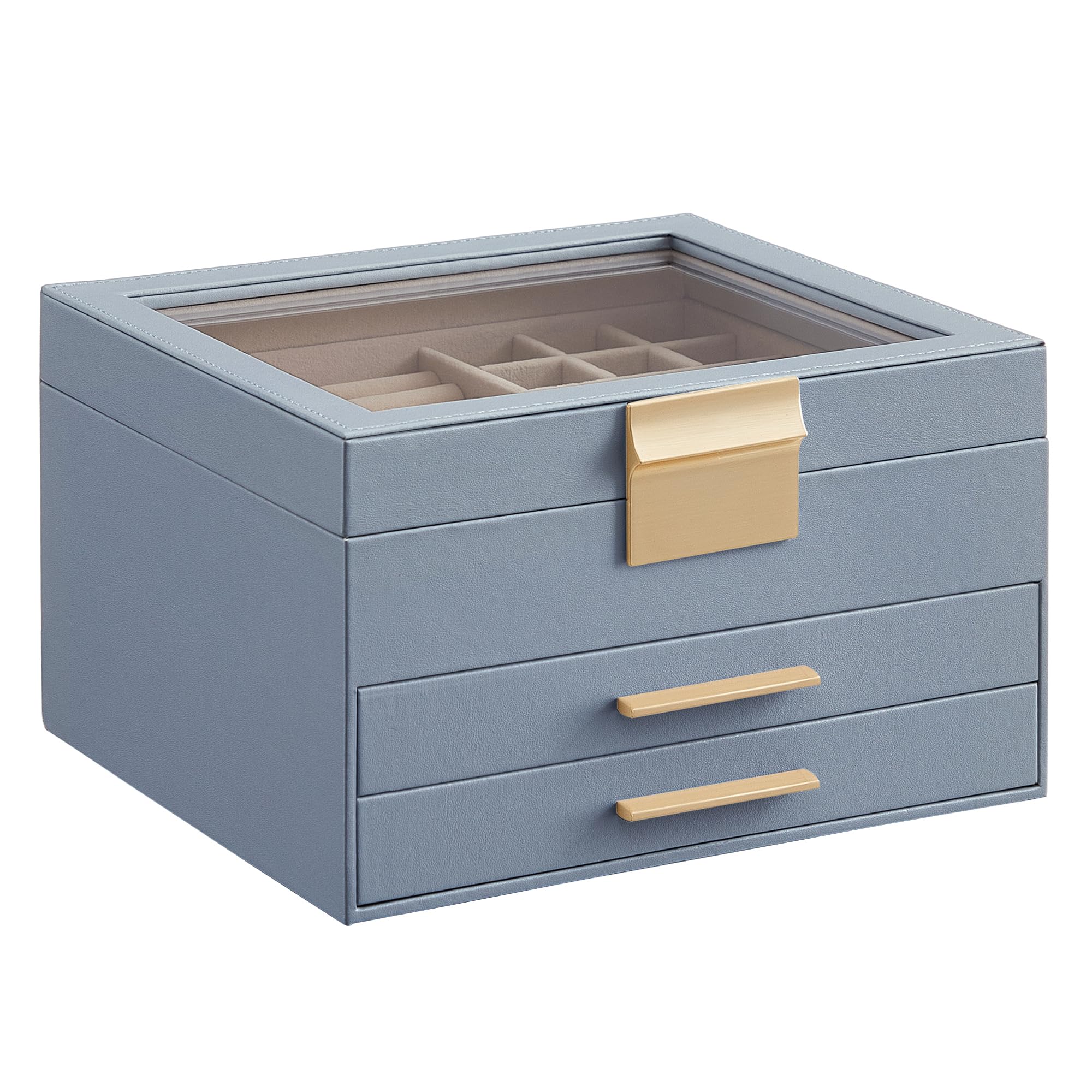SONGMICS GISELLA Collection - Jewelry Box Organizer, 3-Layer Jewelry Storage with 2 Drawers, Shiny Metal Hardware, Glass Lid, Modern, 8 x 9.1 x 5.3 Inches, Cloud White and Gold Color UJBC239WT