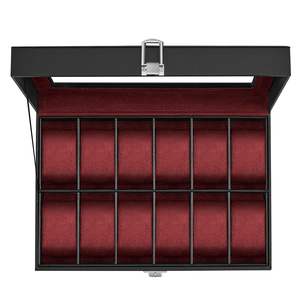 SONGMICS Watch Box, 12-Slot Watch Case Organizer with Large Glass Lid, Removable Pillows, Gift for Loved Ones, Black Synthetic Leather, Gray Lining UJWB12BK