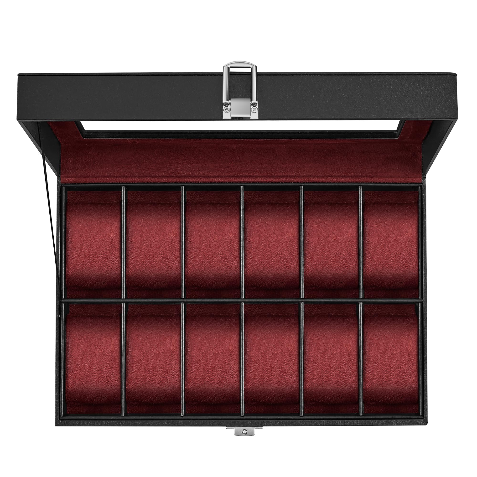 SONGMICS Watch Box, 12-Slot Watch Case Organizer with Large Glass Lid, Removable Pillows, Gift for Loved Ones, Black Synthetic Leather, Gray Lining UJWB12BK