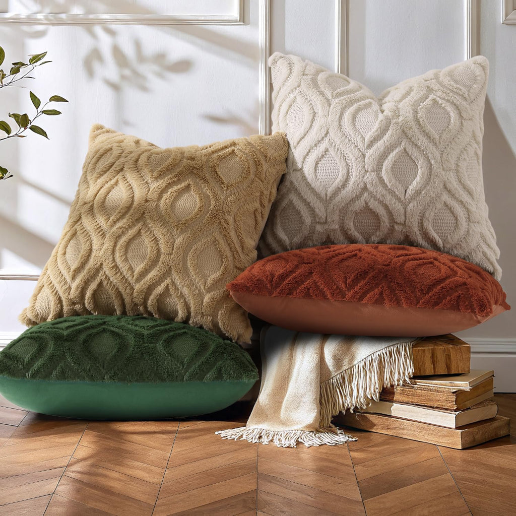 decorUhome Cozy Textured Throw Pillow Covers 18x18 Inch Set of 2, Soft Plush Faux Wool Beige Accent Couch Pillow Covers for Modern Farmhouse Sofa Bed Living Room
