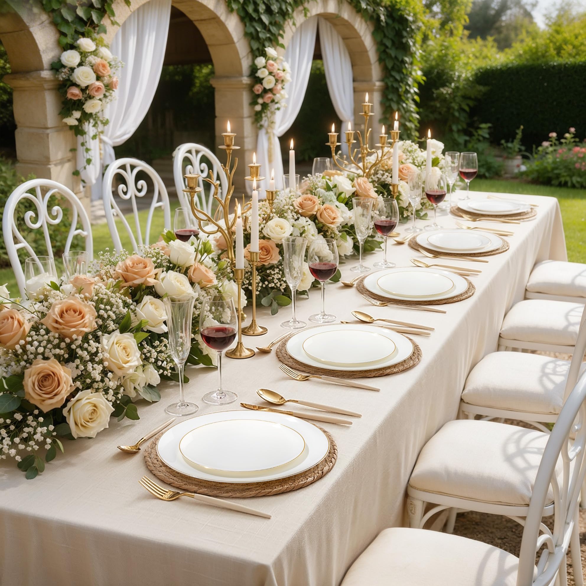 DaYammi 150Pcs Ivory Plastic Plates with Gold Rim,Disposable Plastic Plates Include 30 Dinner Plate,30 Salad Plate,30 Forks,30 Spoons,30 Knives,Ivory and Gold Plates for Party,Wedding,Mother's Day