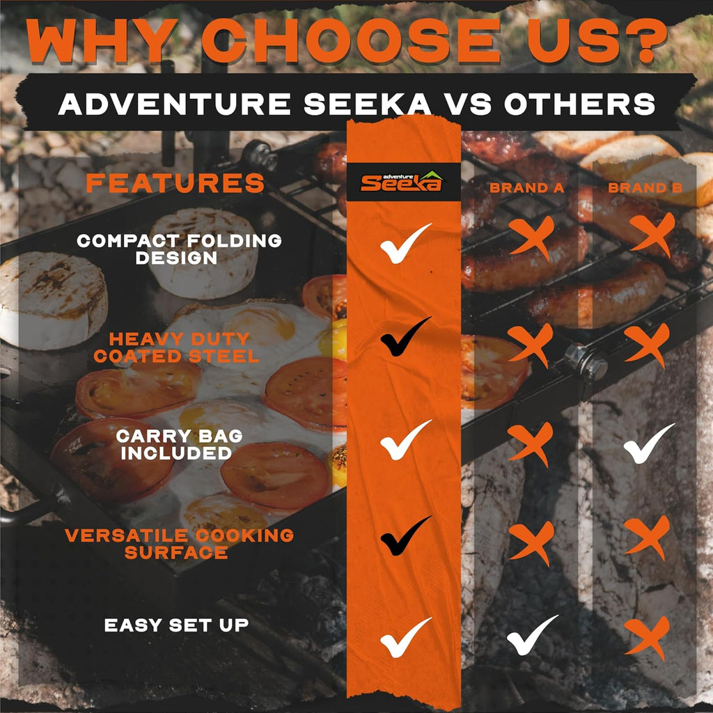 Adventure Seeka 24" Heavy Duty Folding Campfire Grill, Compact Swivel Grill Design, Food-Safe Cooking Surface, Grate & Griddle for Campfire Cooking, Australian Owned